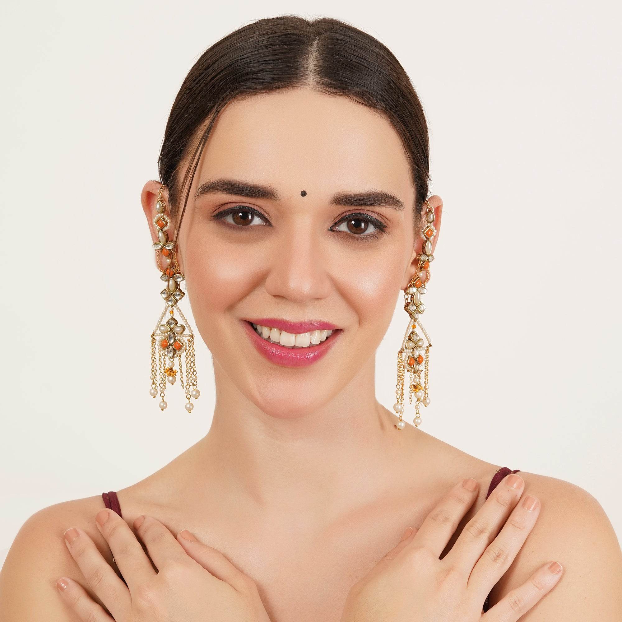 Orange Kundan Dangler Earrings with Ear Chain - BeAbhika.com