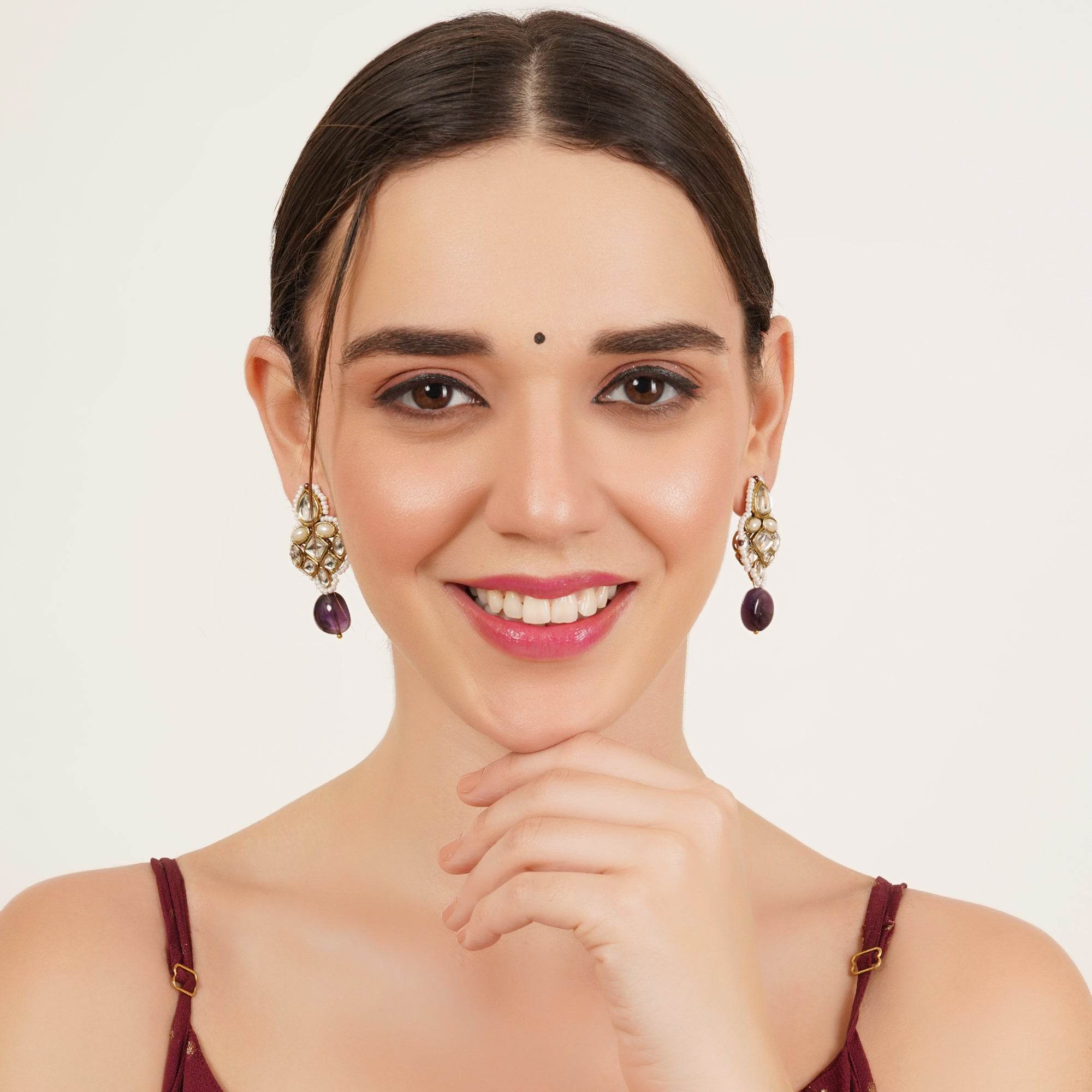 Regal Kundan & Pearl Drop Pink Earrings - BeAbhika.com
