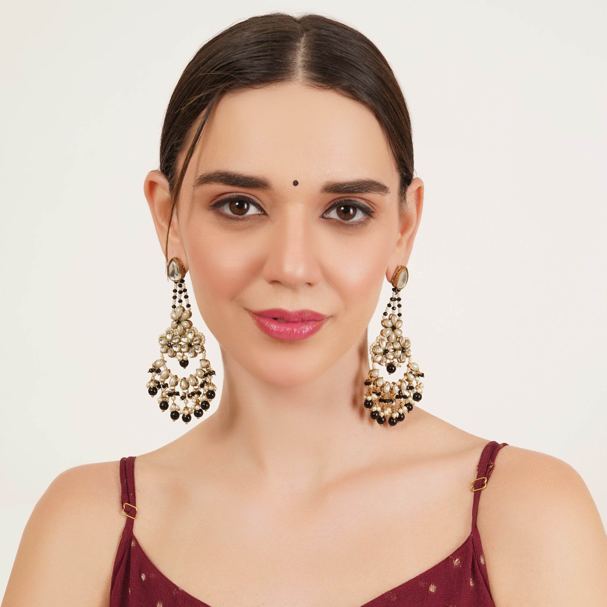 Black Beaded Kundan Chandbali Earrings - BeAbhika.com