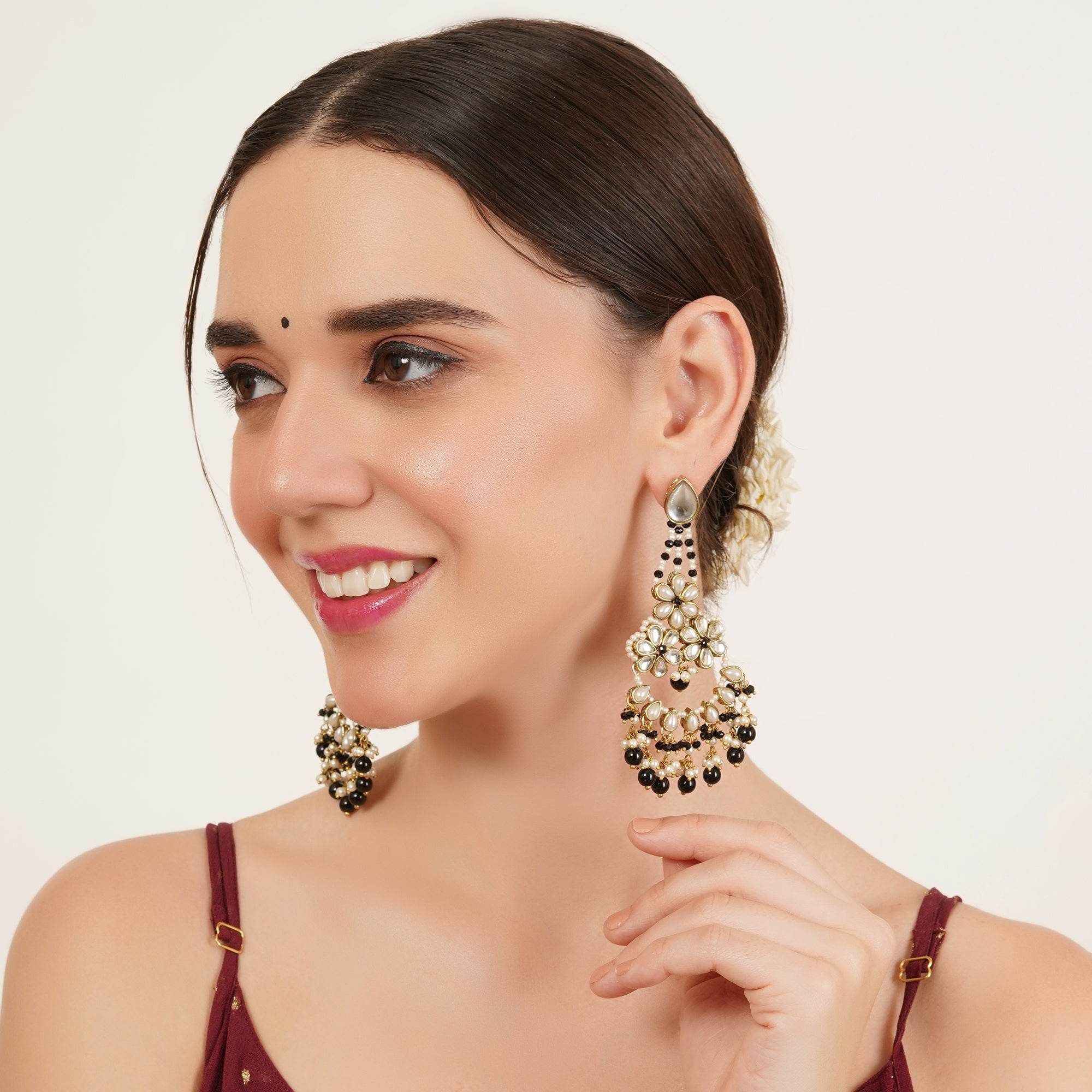 Black Beaded Kundan Chandbali Earrings - BeAbhika.com