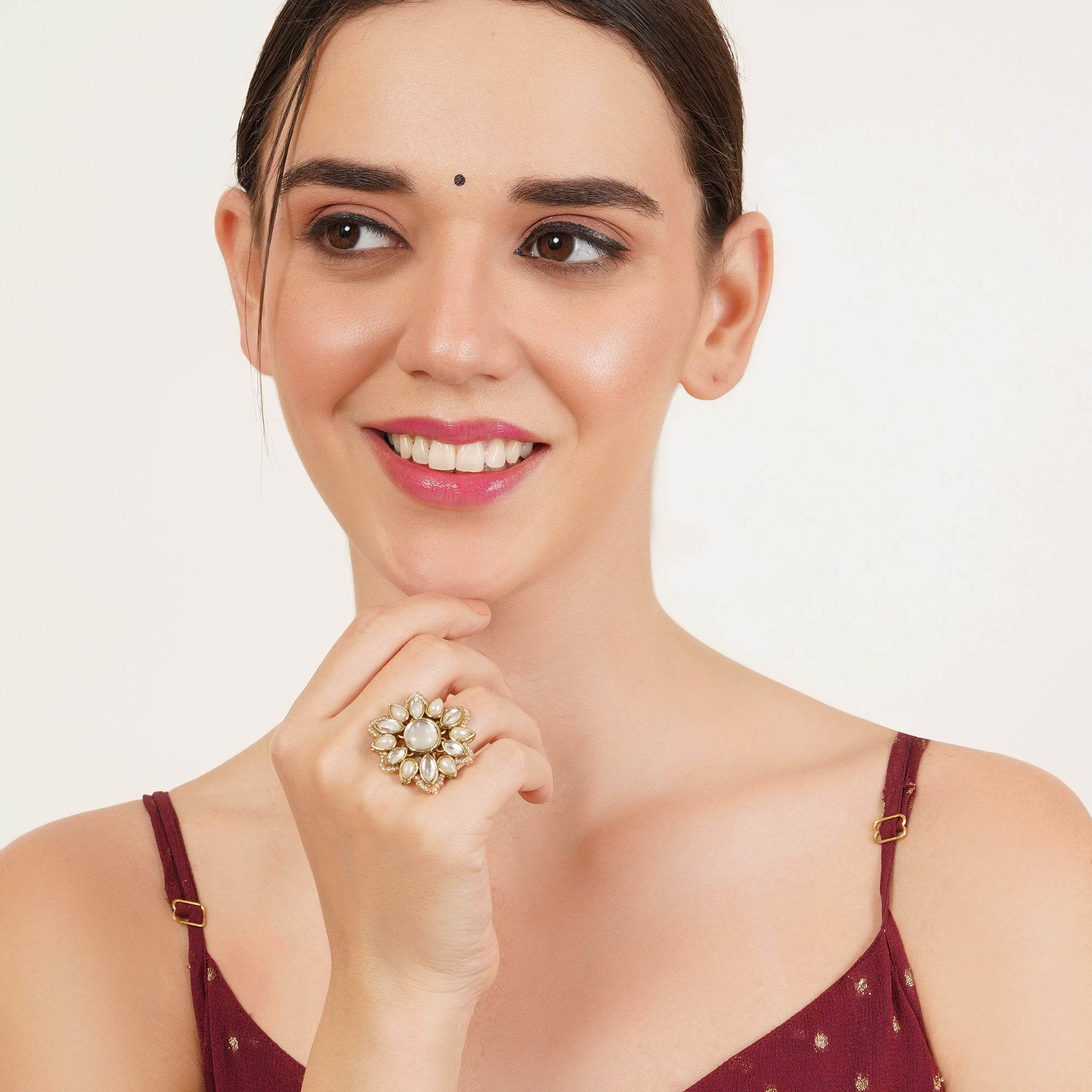 Adjustable Kundan Cocktail Ring - BeAbhika.com