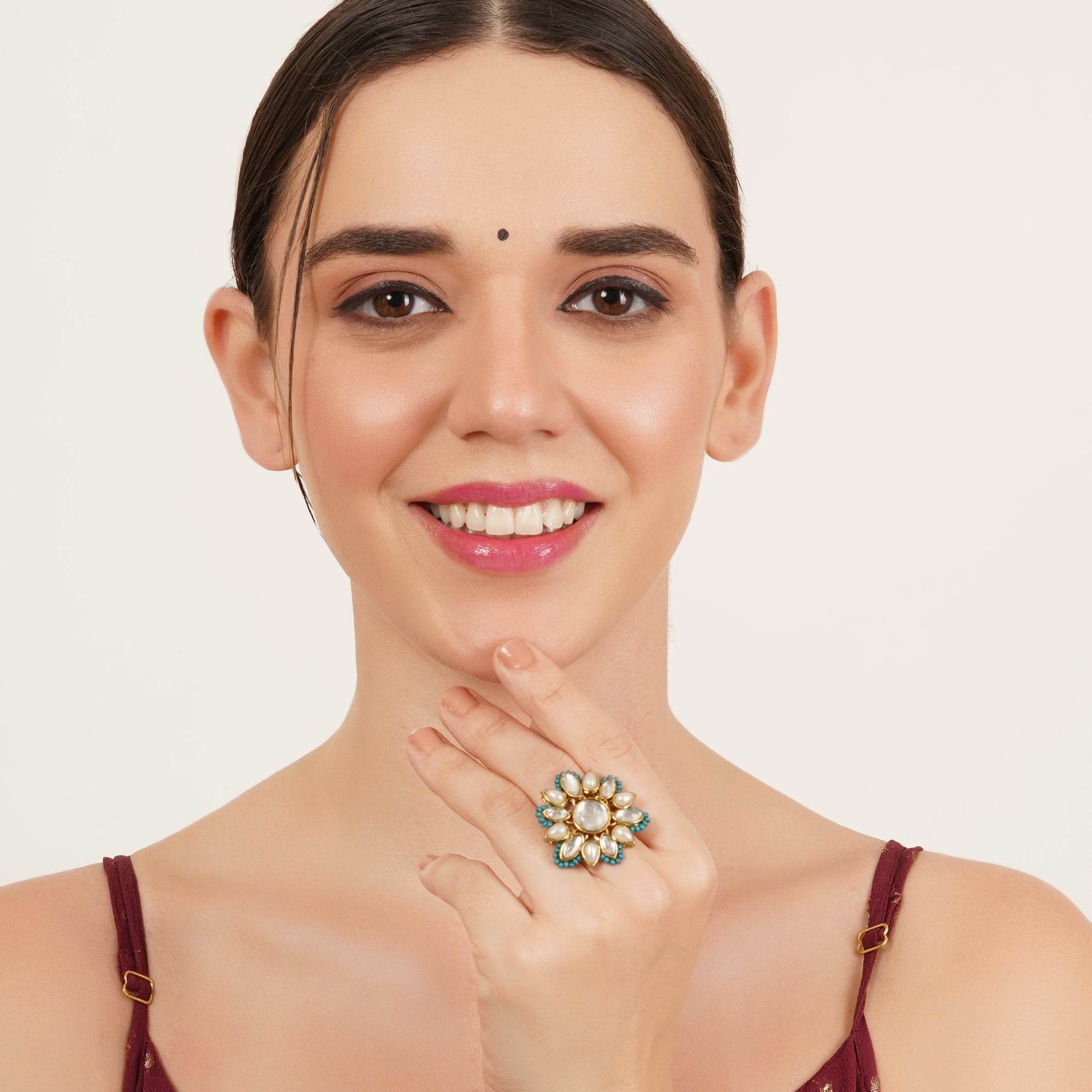 Adjustable Kundan Cocktail Ring - BeAbhika.com