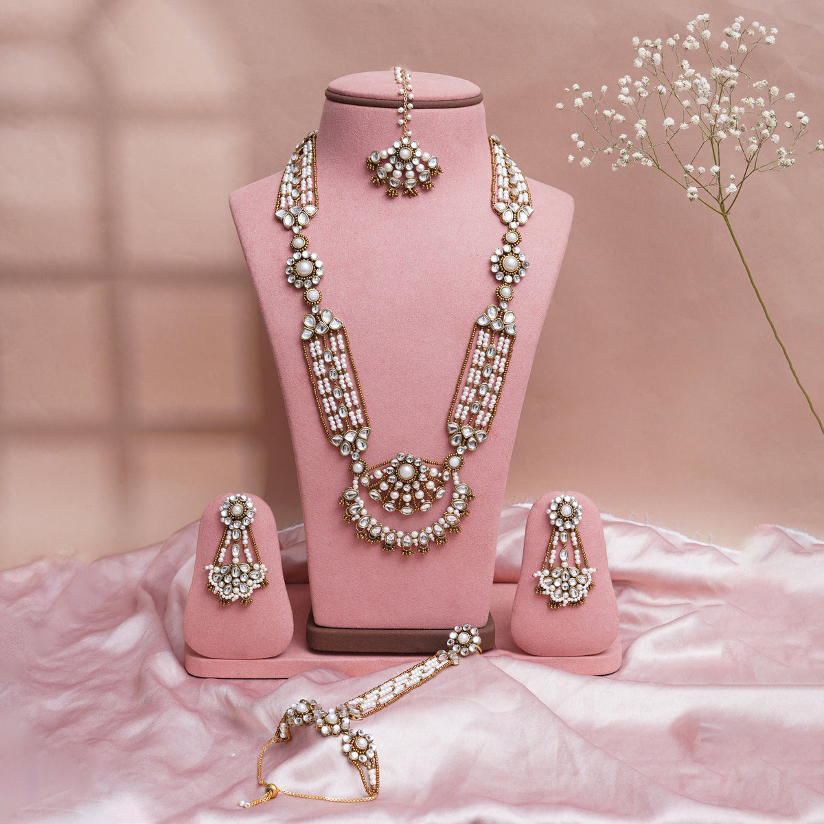 Sunheri — Golden Kundan Pearl Crescent Long Necklace Set