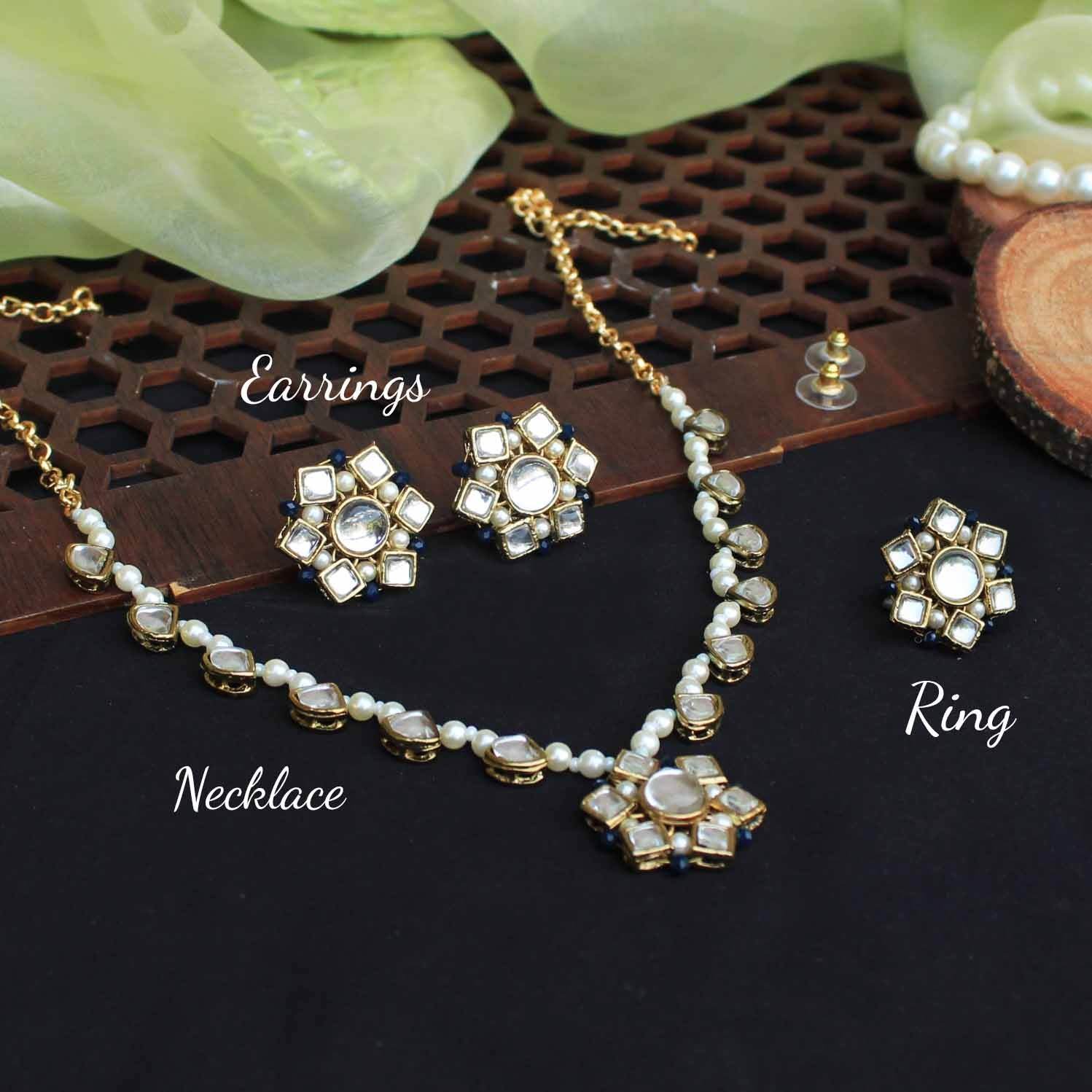 Kundan Blossom Necklace, Ring & Earrings Set - BeAbhika.com