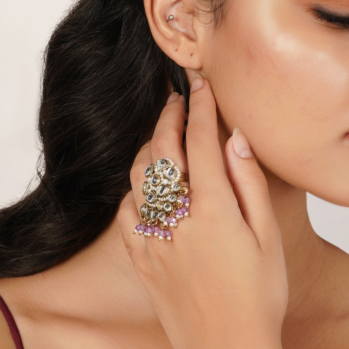 Sahaj — Floral Kundan Ring with Purple Bead Fringe