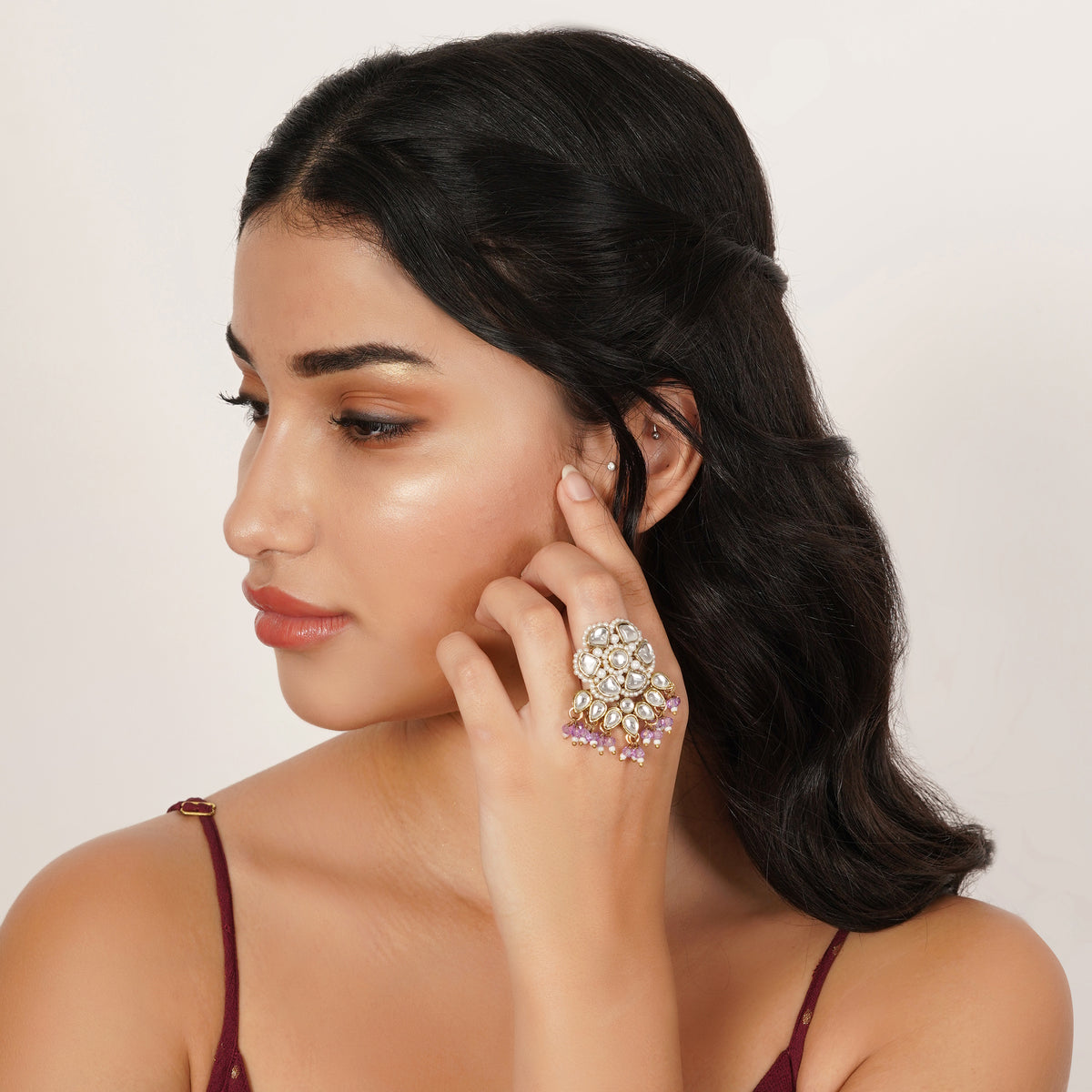 Sahaj — Floral Kundan Ring with Purple Bead Fringe