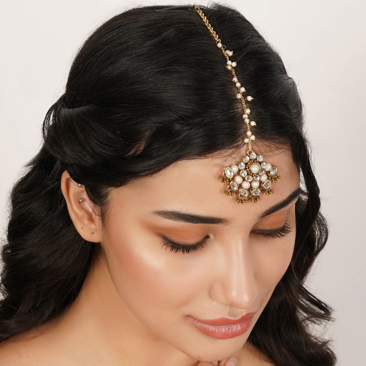 Sunheri — Golden Kundan Pearl Crescent Long Necklace Set