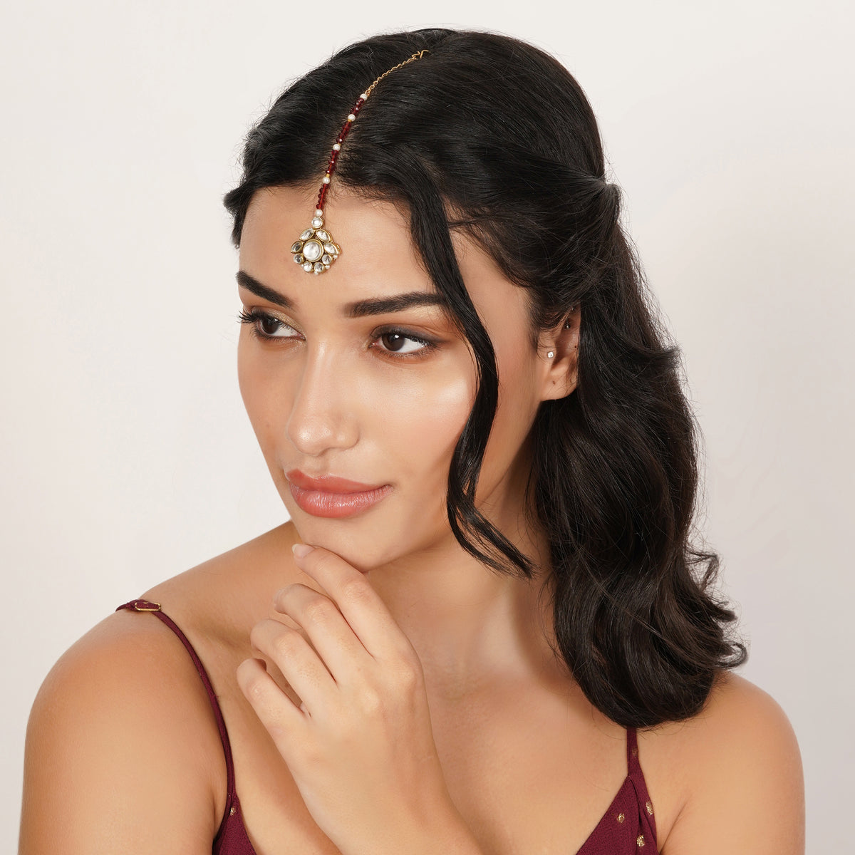 Ada — Maroon Beaded Maangtikka with Floral Kundan