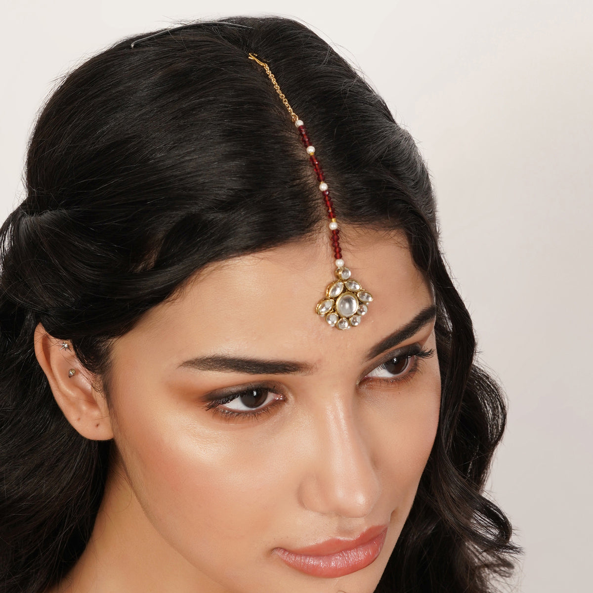 Ada — Maroon Beaded Maangtikka with Floral Kundan