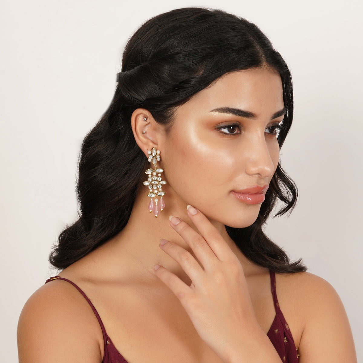 Noorani — Floral Kundan Earrings with Pink Drops