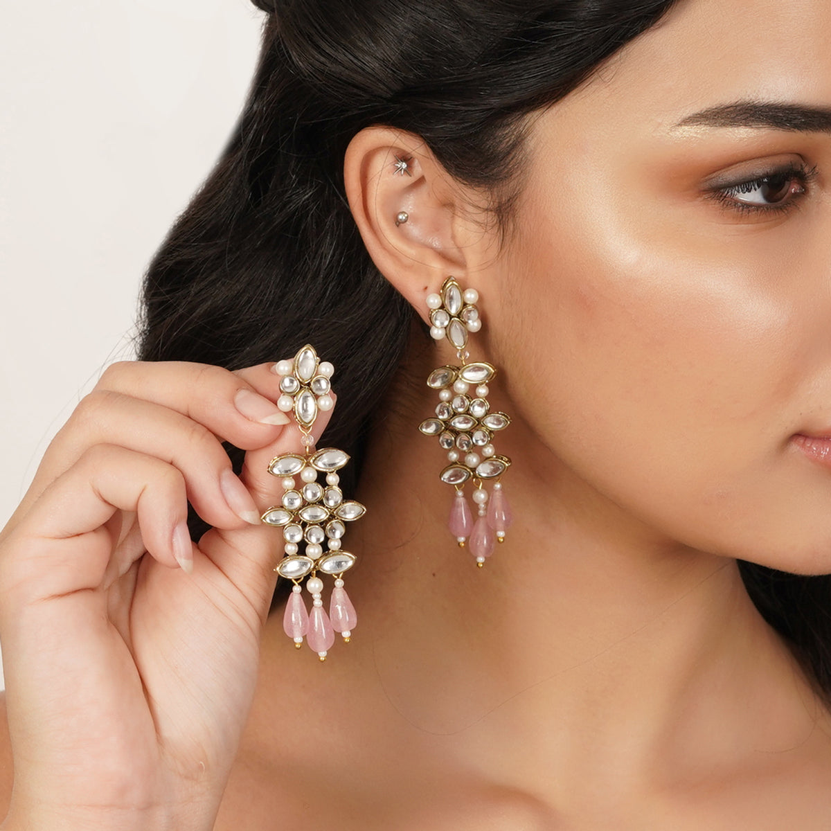 Noorani — Floral Kundan Earrings with Pink Drops