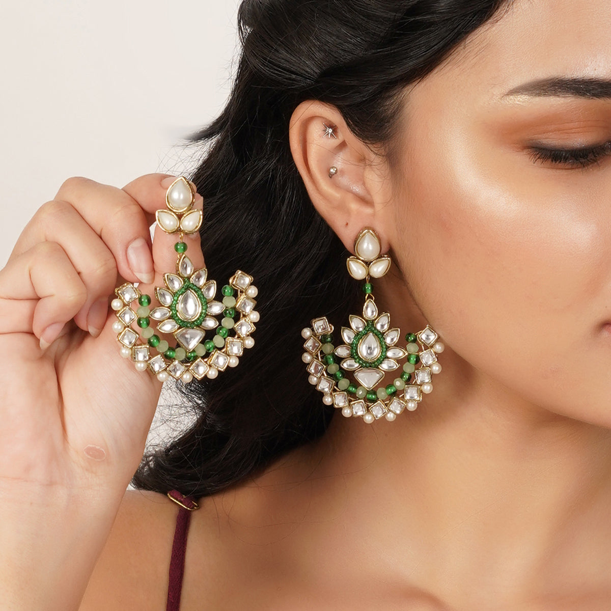 Bahaar — Crescent Kundan Earrings with Green Accents