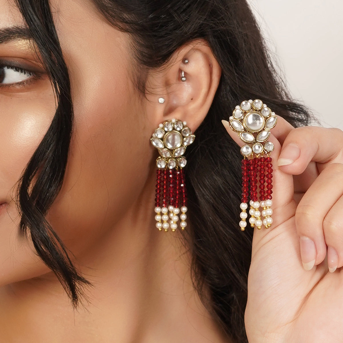 Ada — Maroon Beaded Earrings with Pearl Fringe