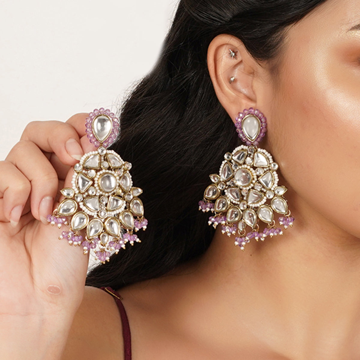 Sahaj — Floral Kundan Earrings with Purple Drops