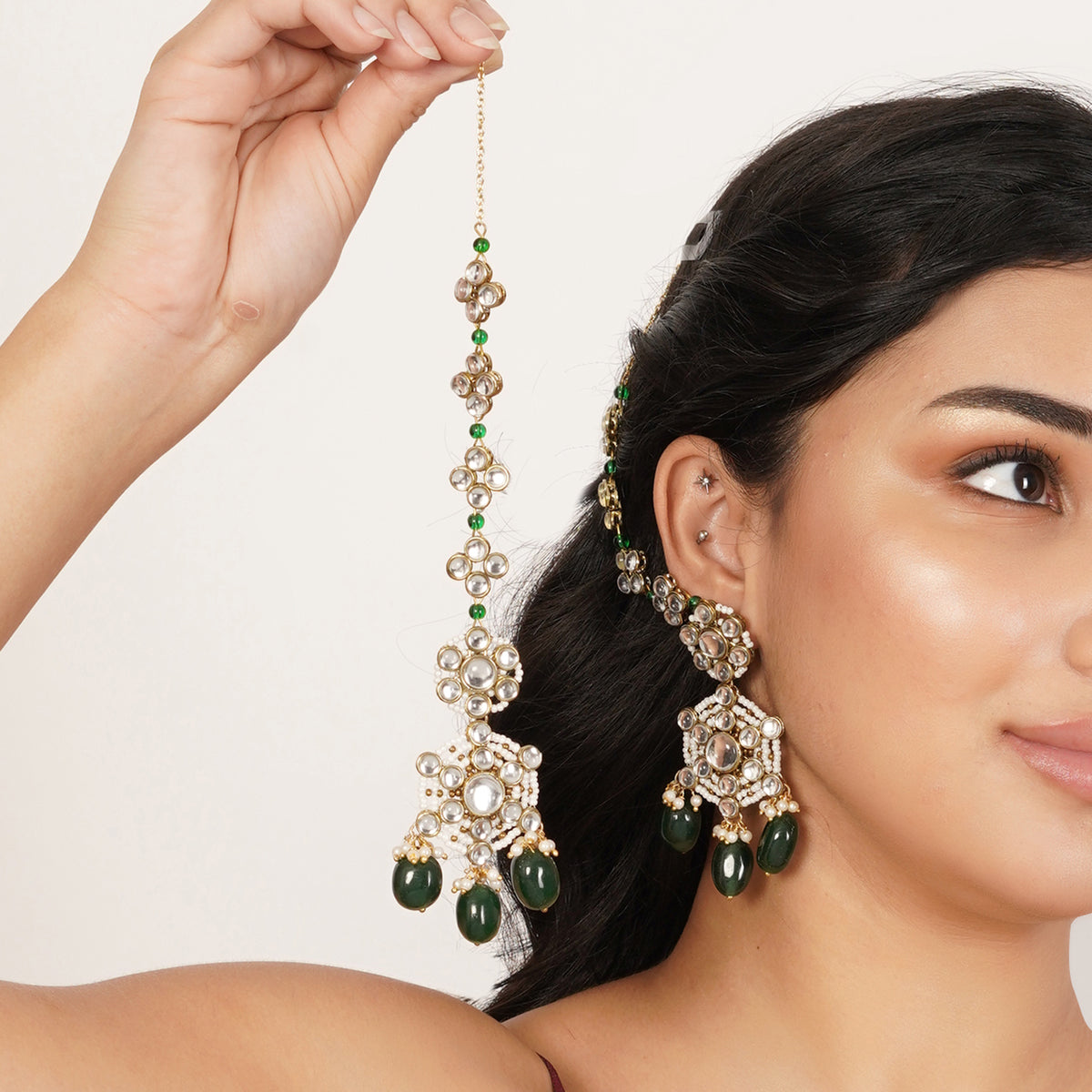 Rajsi — Bridal Floral Kundan Earrings with Green Drops