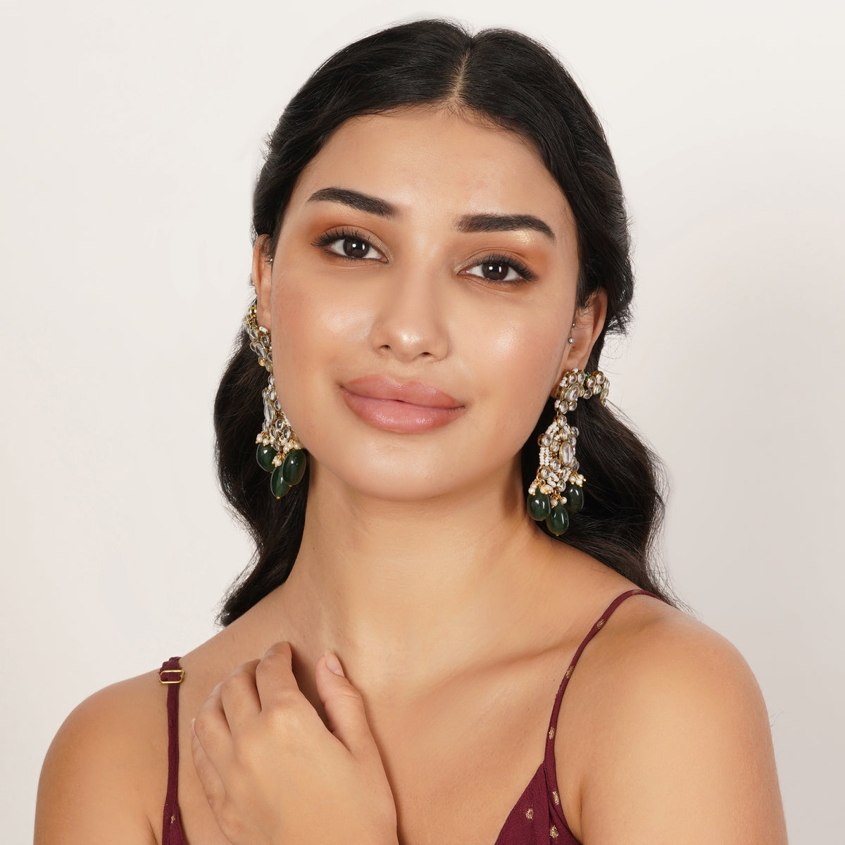 Rajsi — Bridal Floral Kundan Earrings with Green Drops