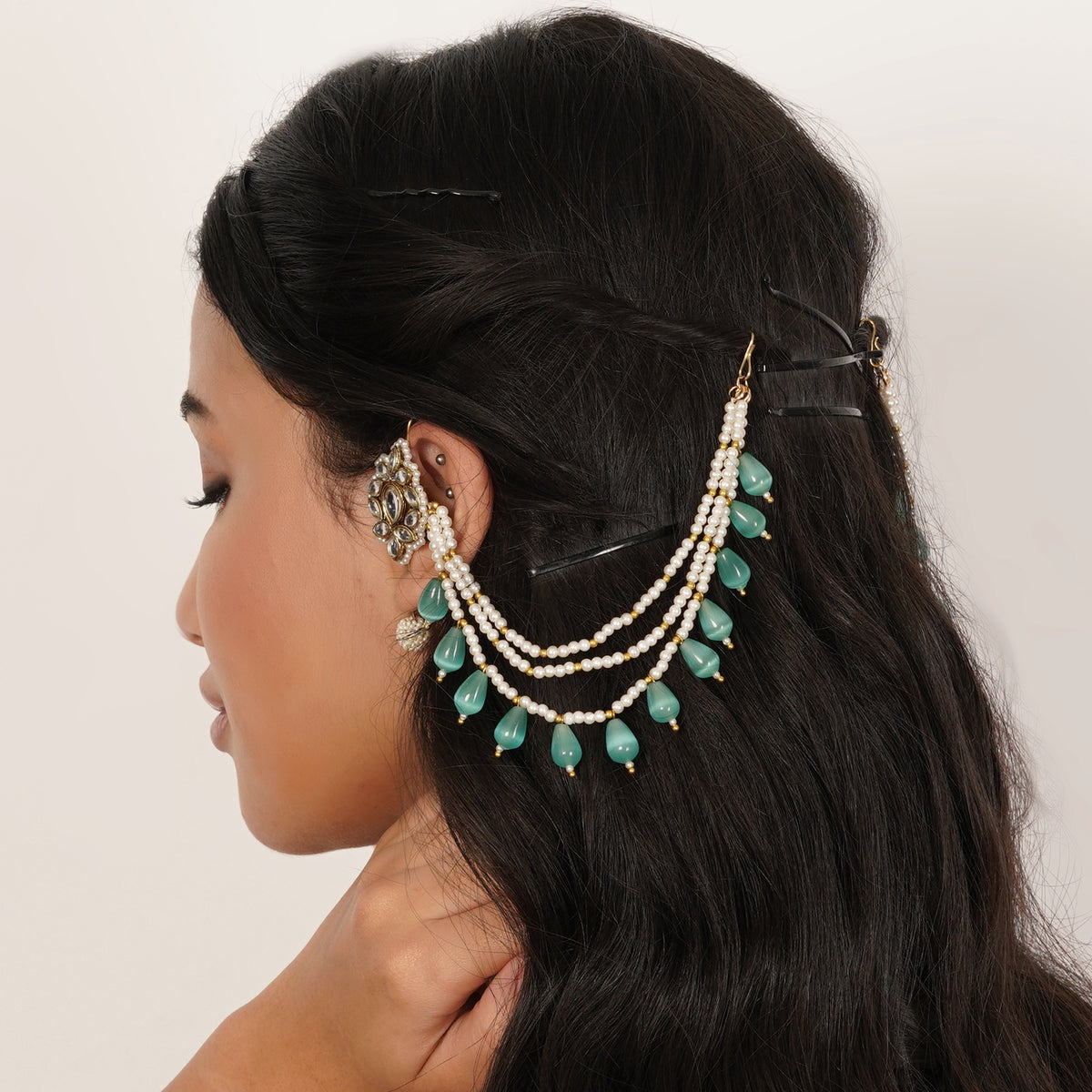 Niraali — Sea-Green Beaded Ear Cuff with Floral Kundan and hairchain