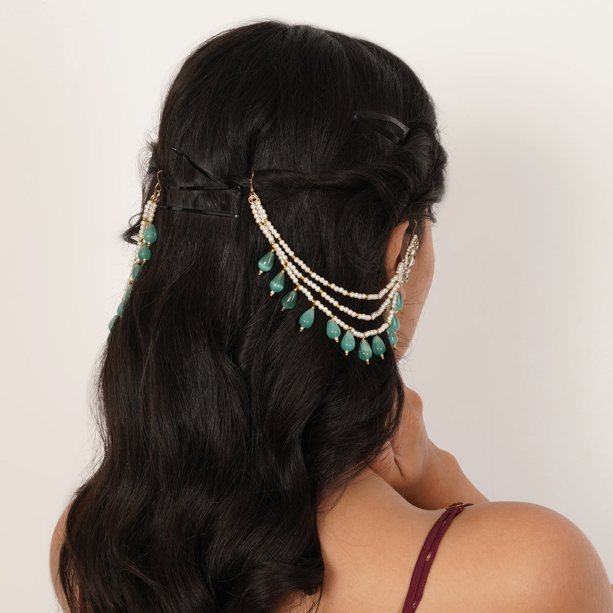 Niraali — Sea-Green Beaded Ear Cuff with Floral Kundan and hairchain