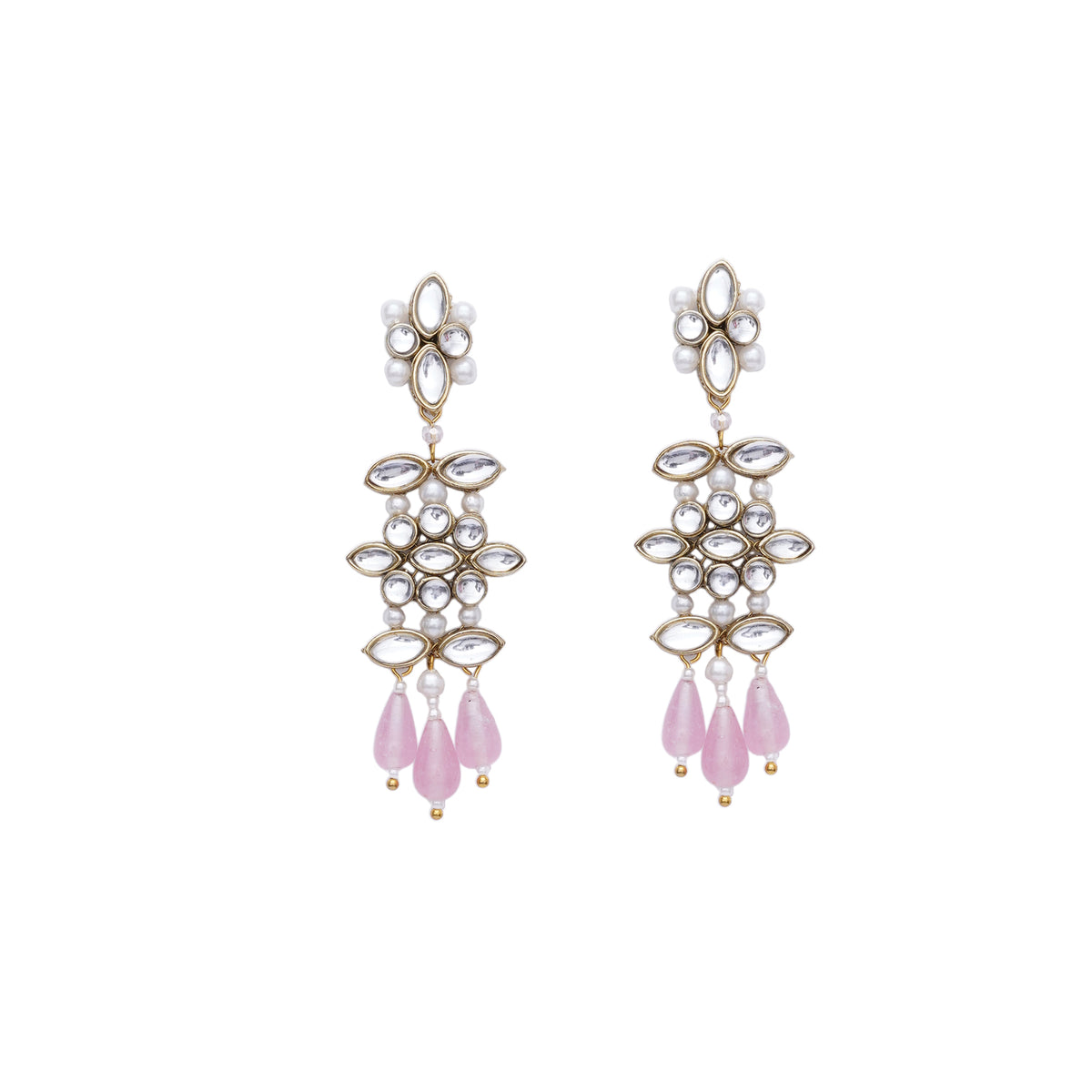 Noorani — Floral Kundan Earrings with Pink Drops