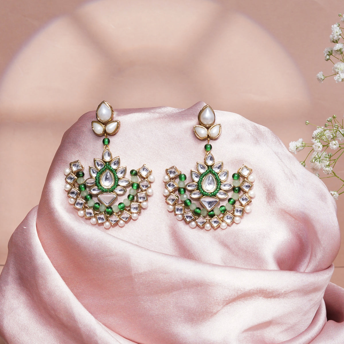 Bahaar — Crescent Kundan Earrings with Green Accents