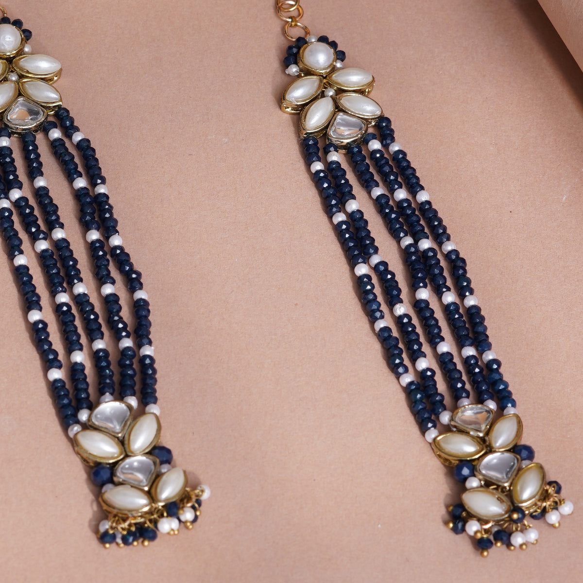 Nazakat — Navy Blue Beaded Earrings with Floral Details