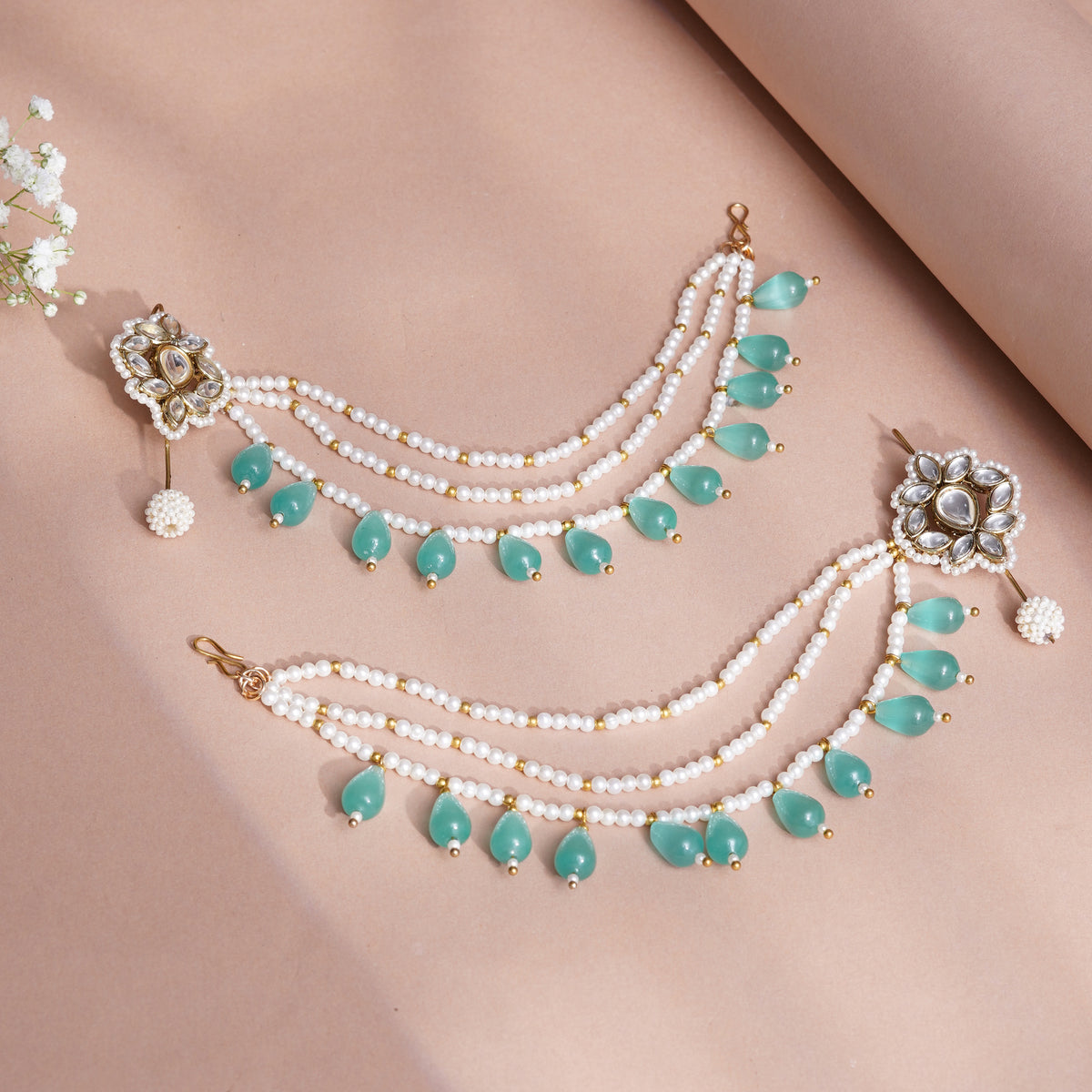 Niraali — Sea-Green Beaded Ear Cuff with Floral Kundan and hairchain