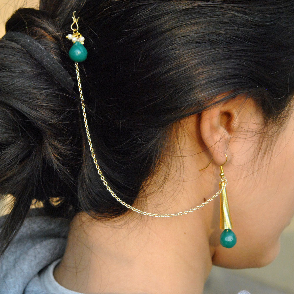 green glass beads dangling earring with hair chain