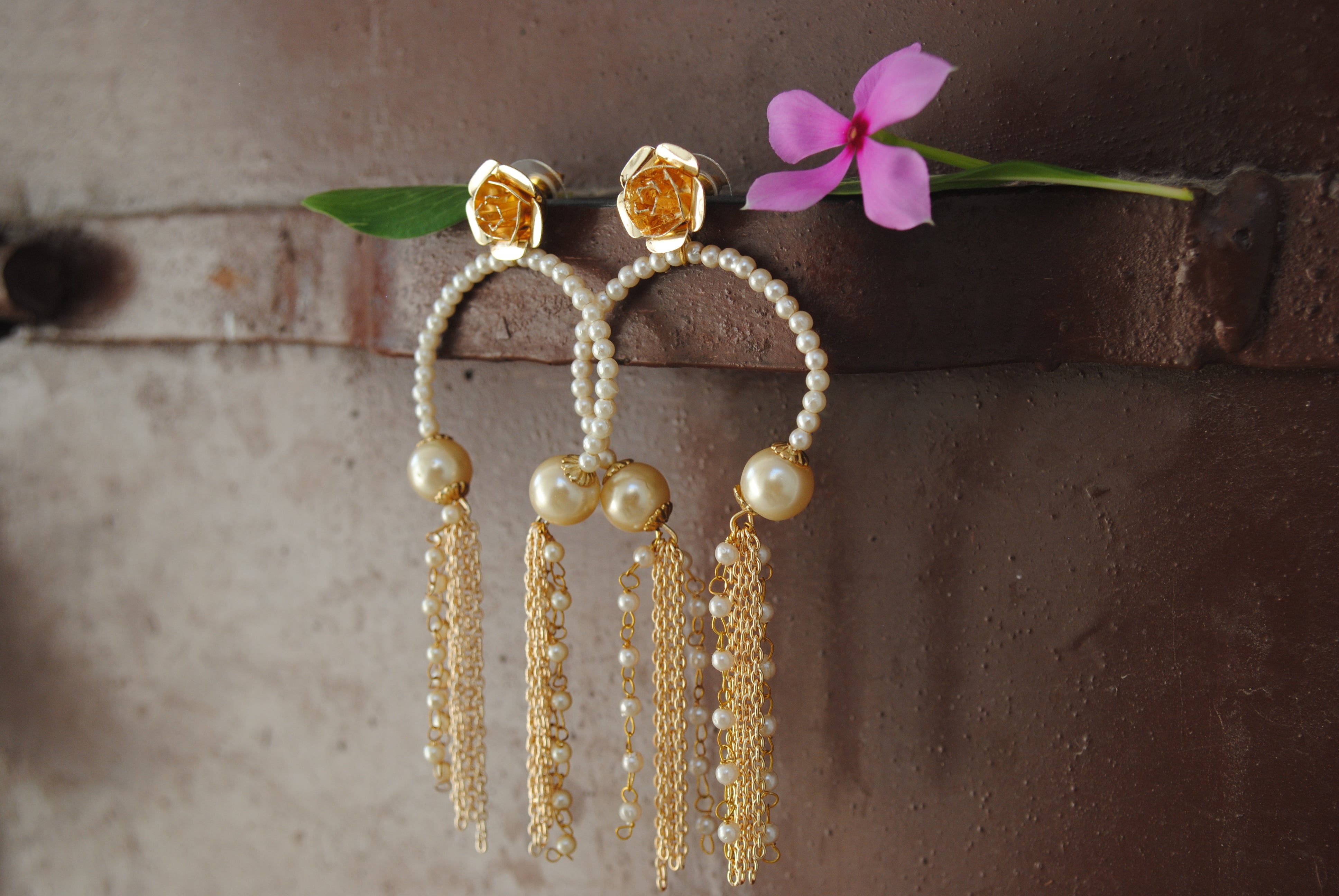 white pearl inverted hoops earrings