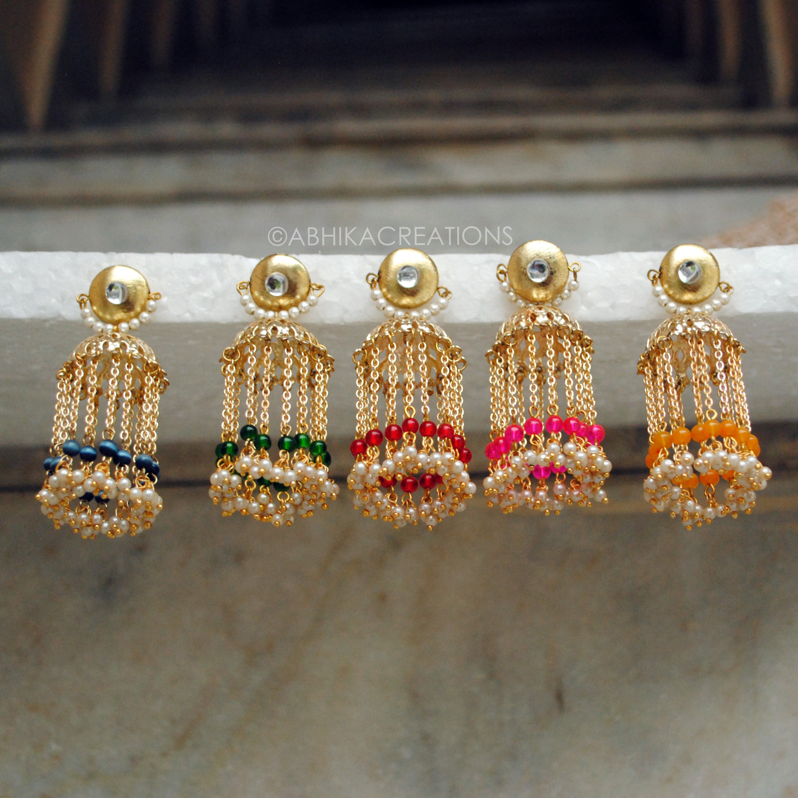 colorful glass beads crescent jhumki earrings