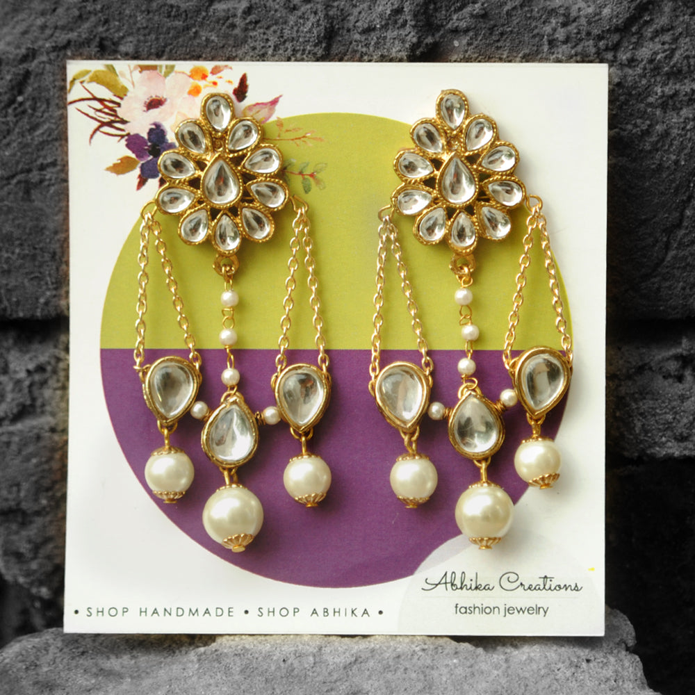 Beabhika Handmade Artificial Jewelry Gold Tone Kundan Dangling Earrings Handmade Fashion Earrings Trend Setter Jewelry White Pearls Golden Color Earrings Traditional Style Easy To Wear Ethnic Dress Matching Earrings Party Wear Wedding Jewelry Available On COD In India Delhi Traditional Heeramandi Style Jewelry