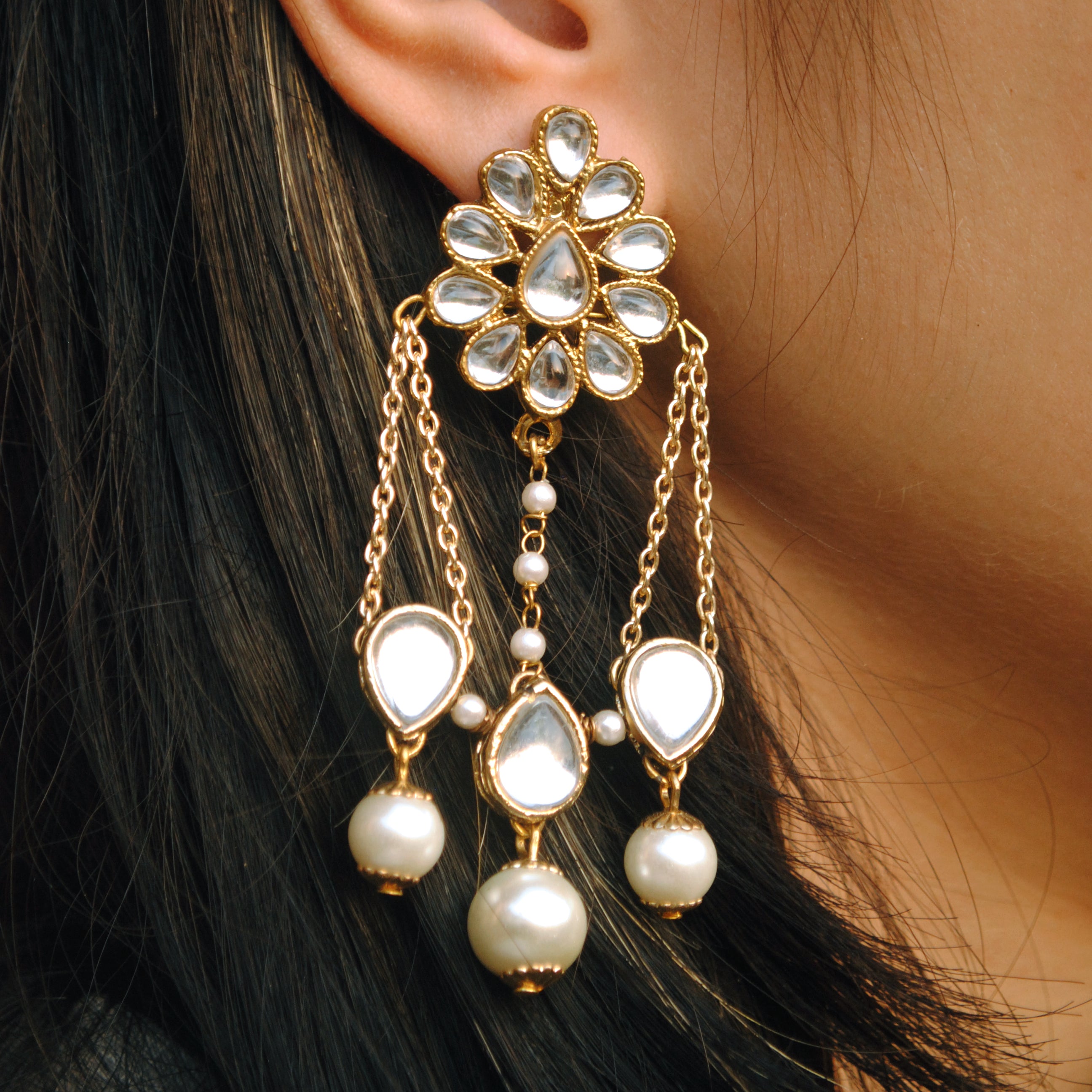 white glass kundan dangling interlinked earring