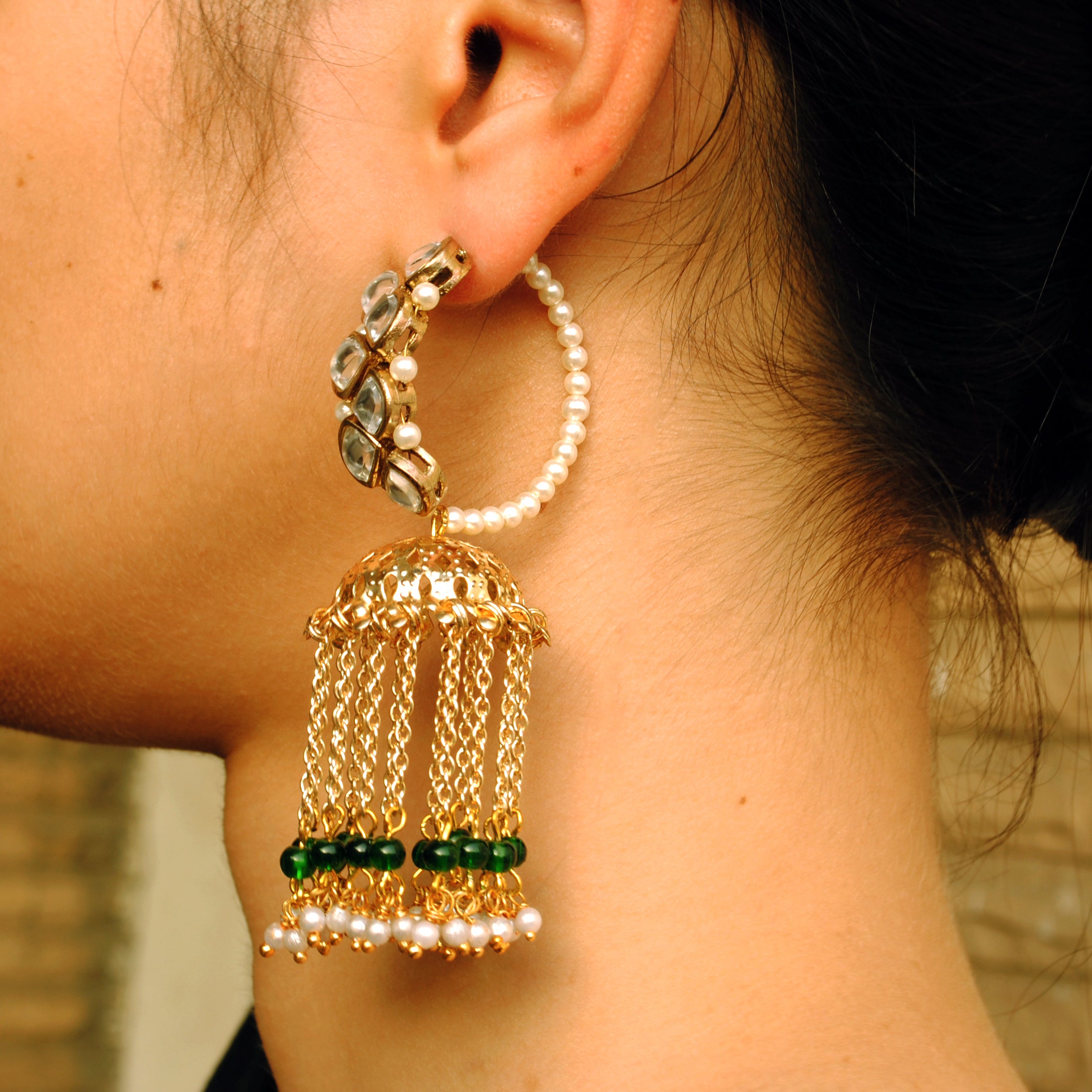    	 BeAbhika Handmade Artificial Jewelry Green Color Kundan Jhumki Hoop Earrings Gold Tone Handmade Earrings Traditional Kundan Heavy Earrings Hoops Green Hoop Big Jhumka Style Dangling Ethnic Dress Matching Earrings Gift For Women Available On COD In India Heeramandi Style Jewelry