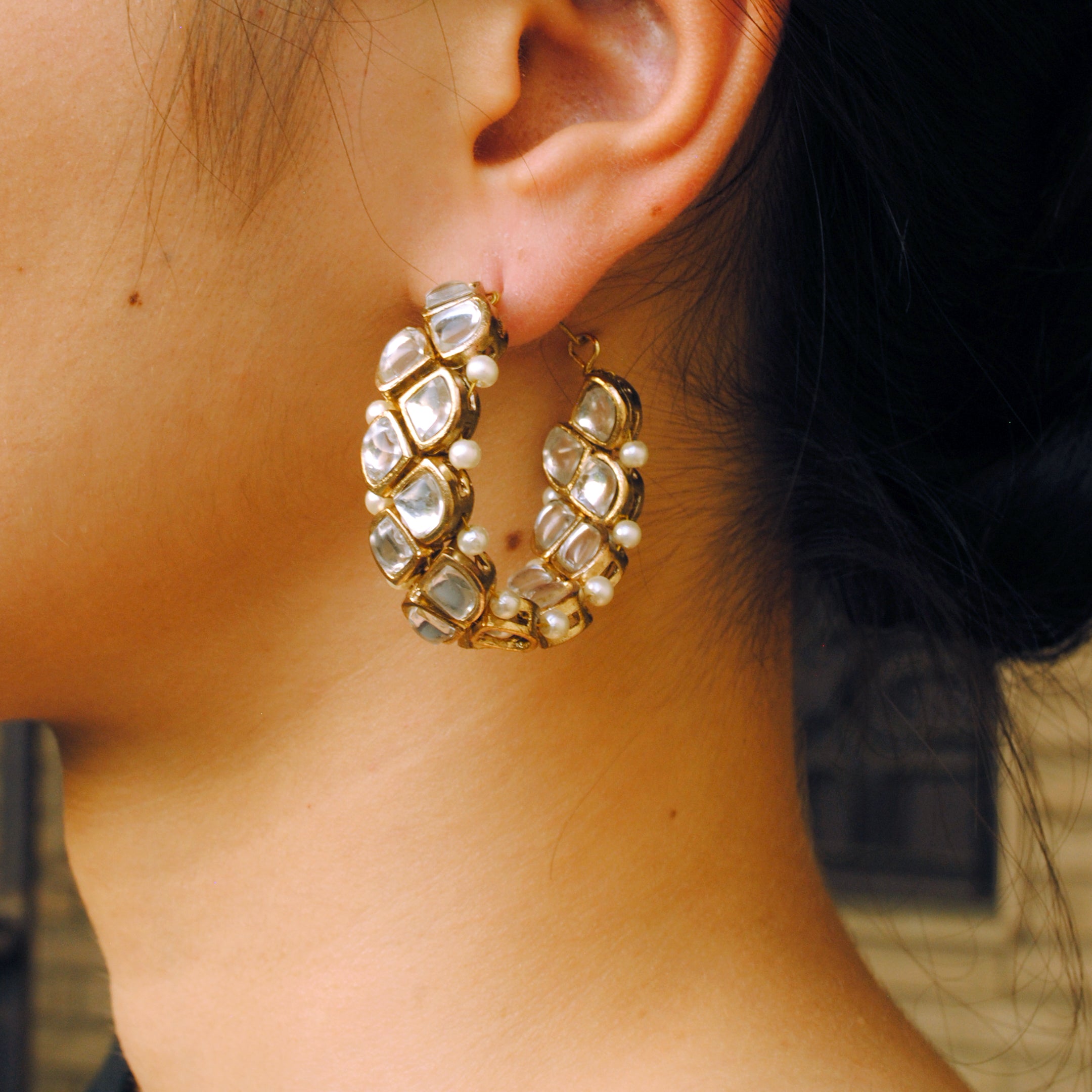 white glass kundan hoop earrings