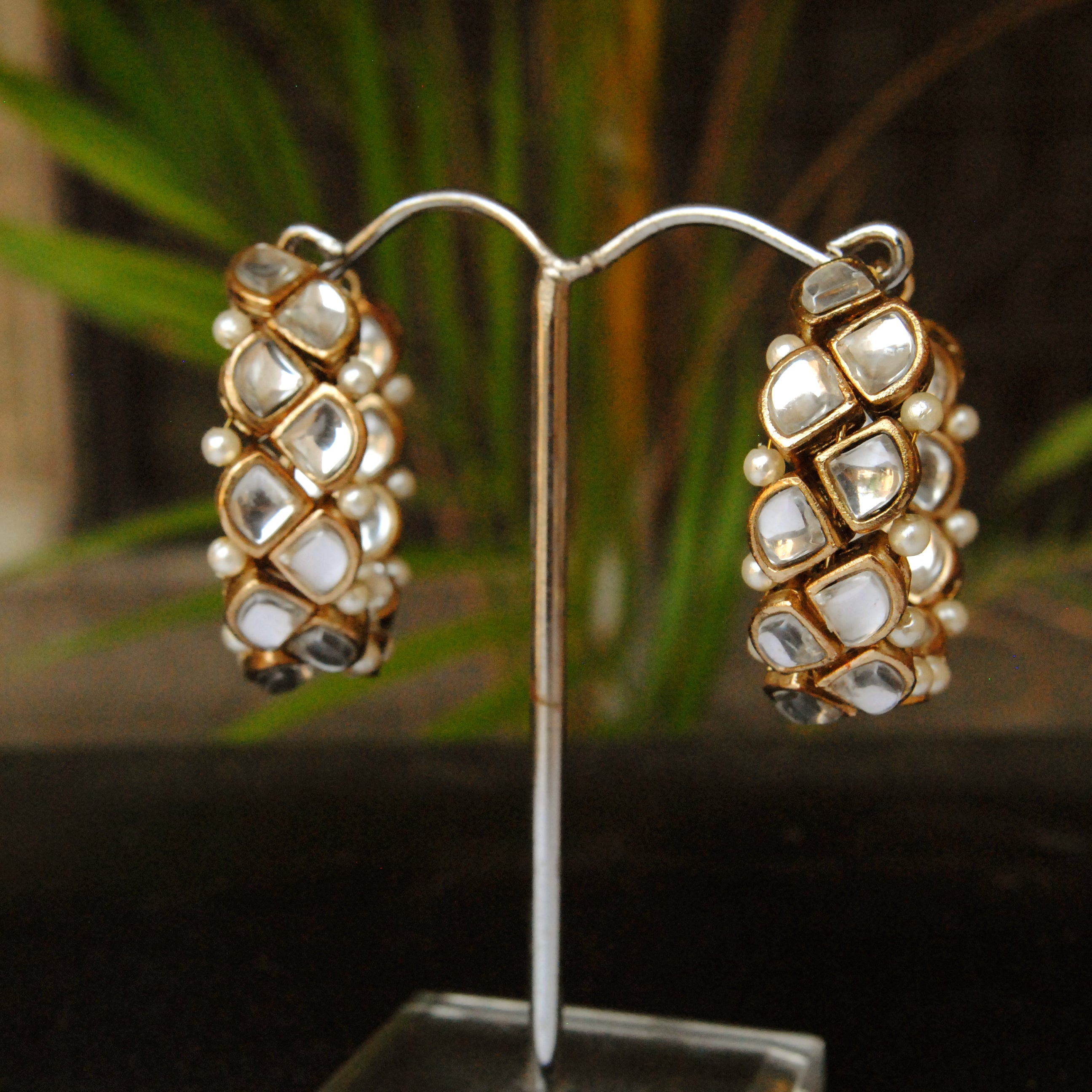 white glass kundan hoop earrings