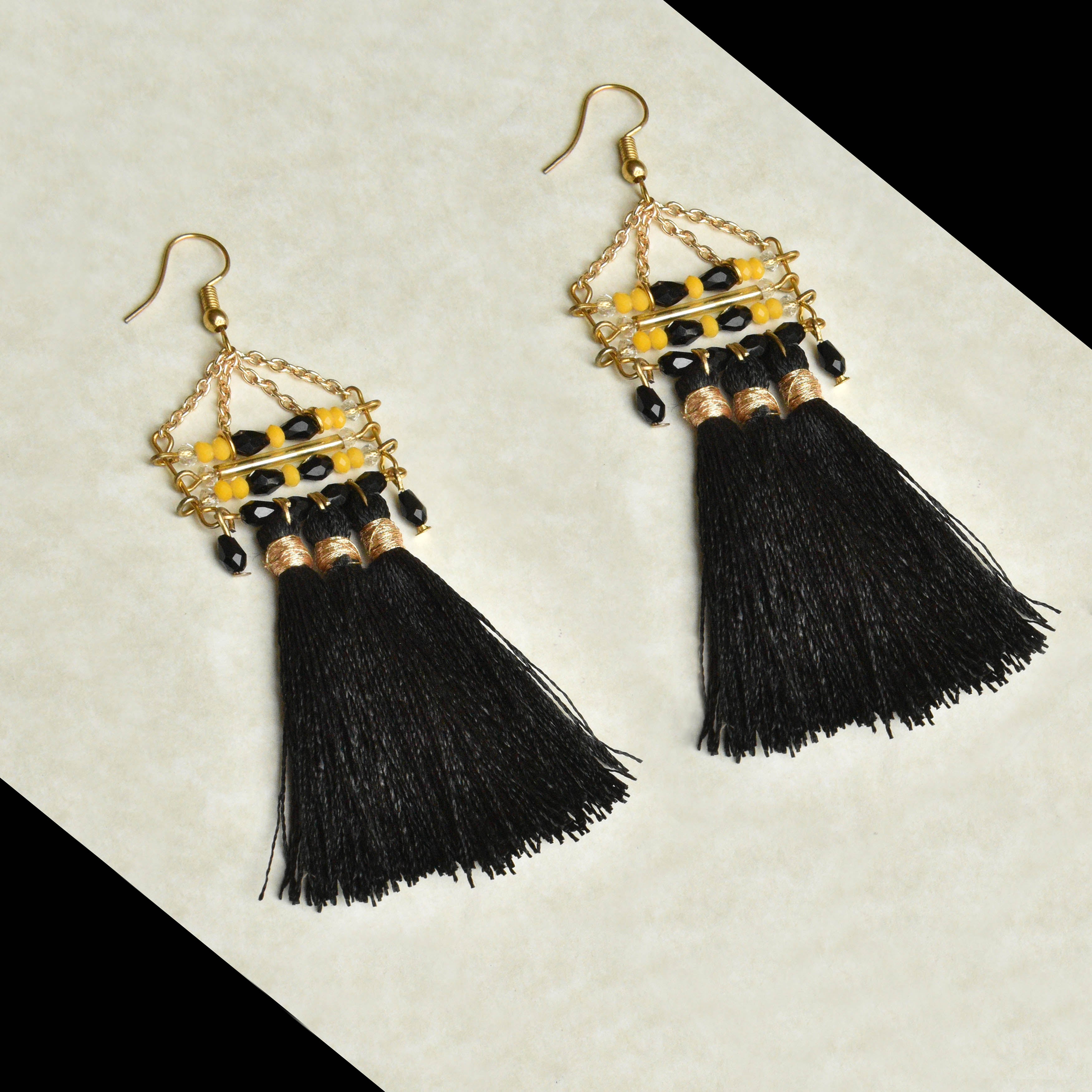 black glass beads tassel earrings