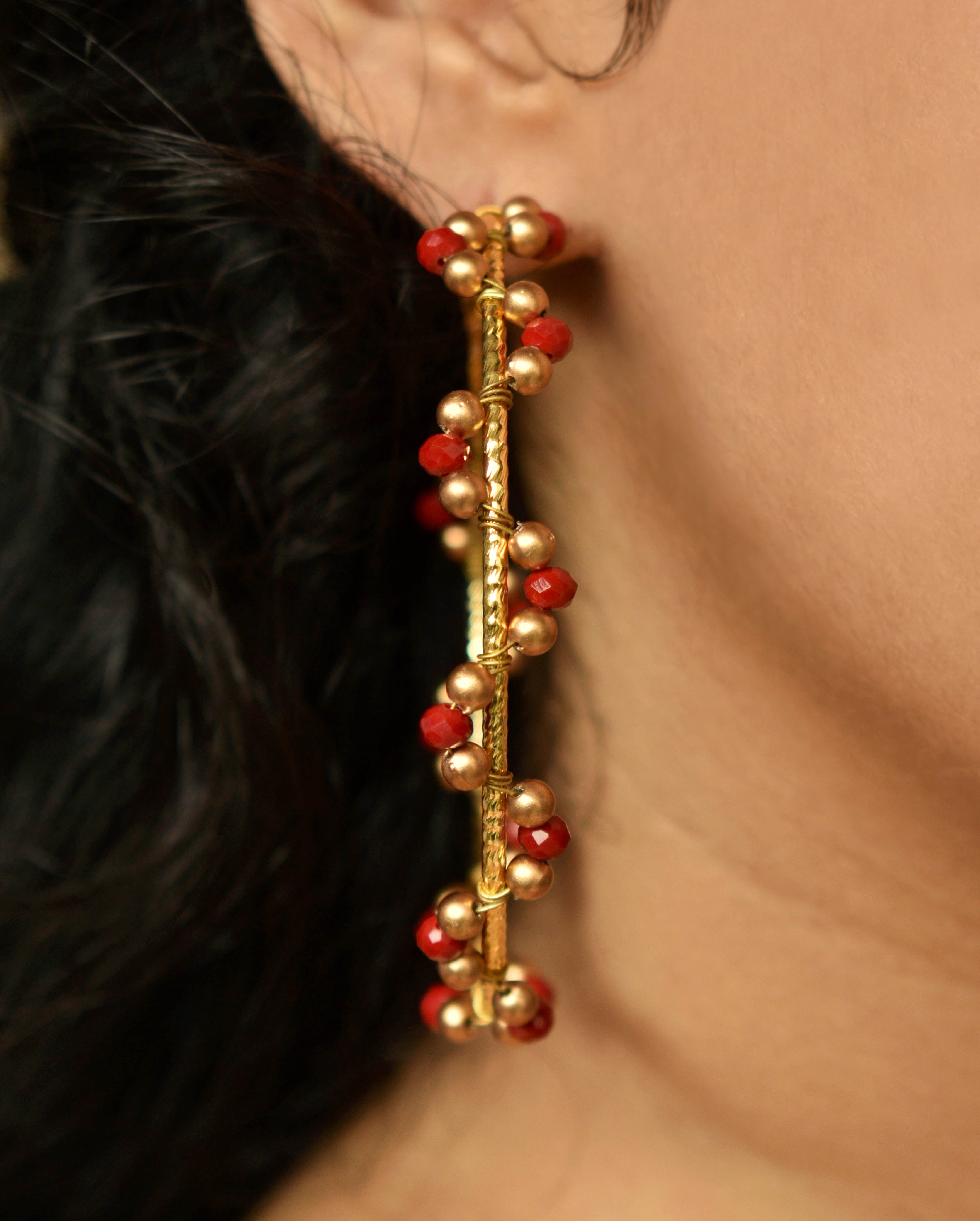 red/ golden glass beads arch hoops earrings