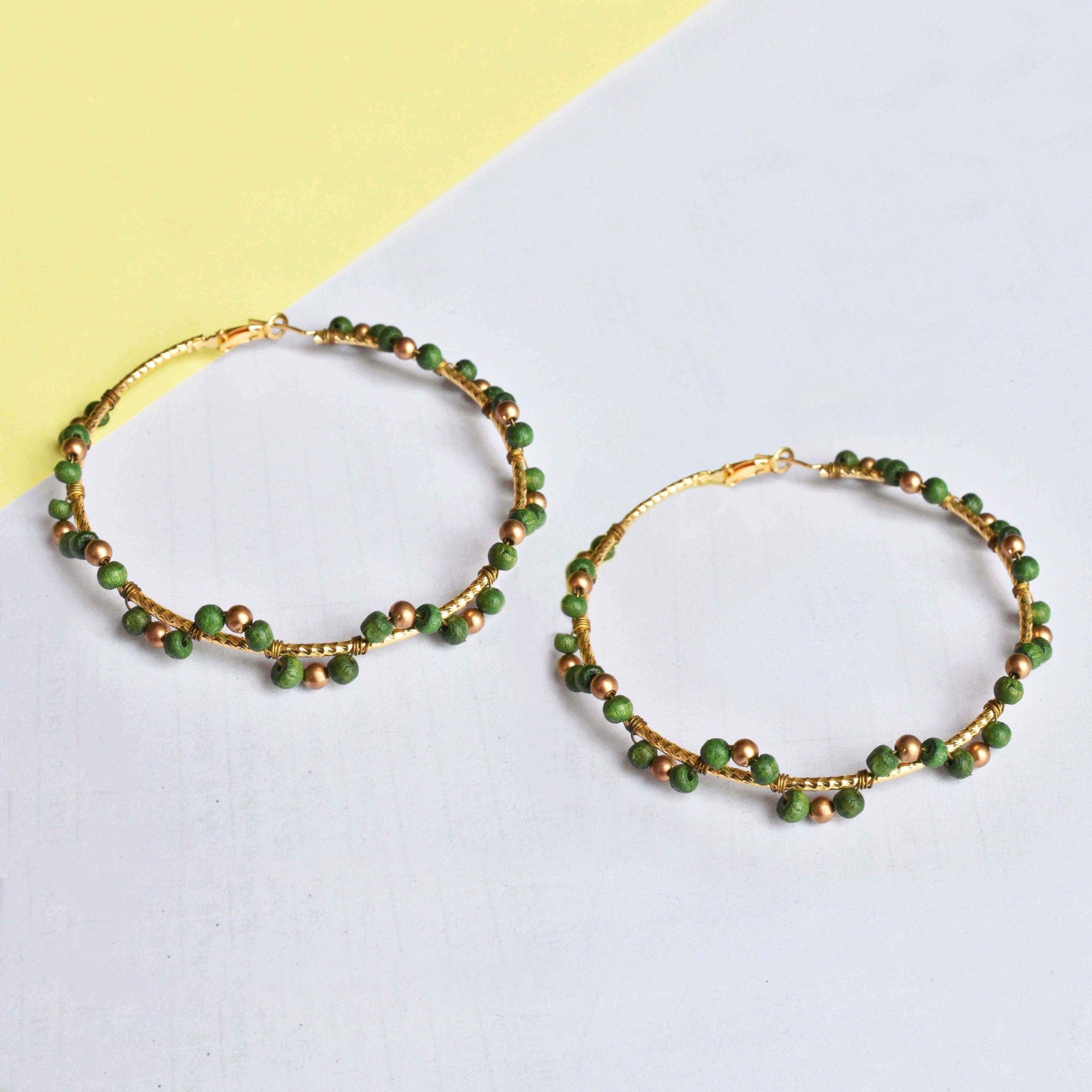 green color beads arch hoops earrings