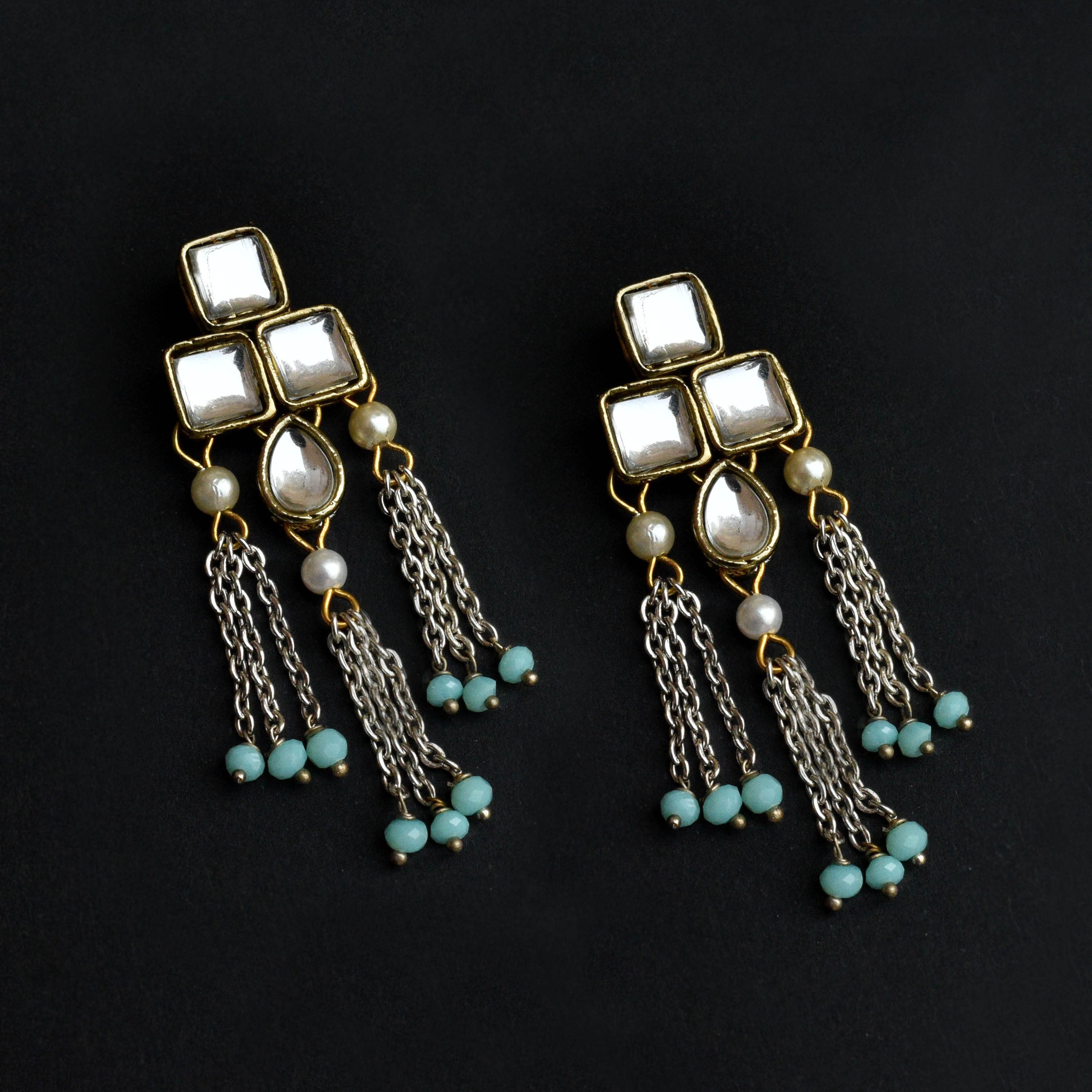 Silver Color Drop Chain & Kundan Earrings