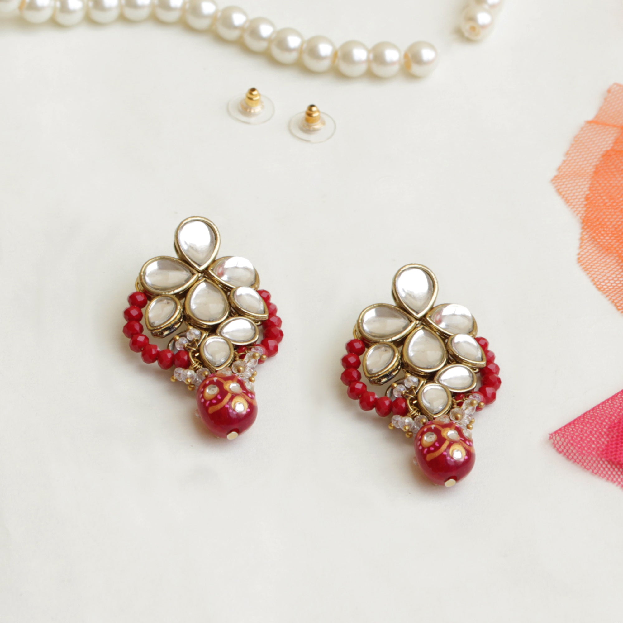 red glass beads kundan earrings