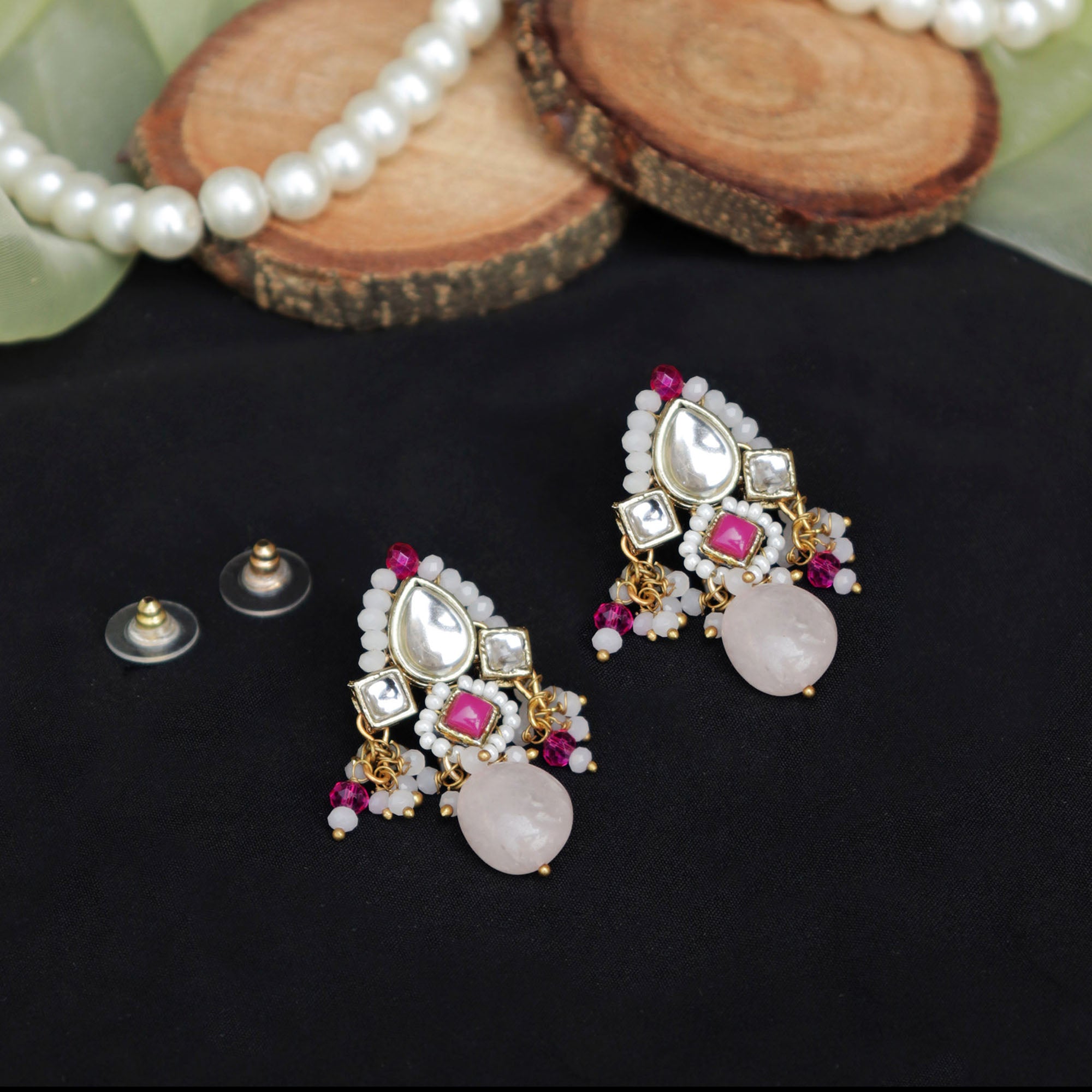 Beabhika Handmade Pink Beads Semi Precious Stone Artificial Jewelry Kundan Earrings Golden Earrings Earrings With Pearls Kundan Wedding Jewelry Trendy Earrings Daily Wear Party Wear Traditional Ethnic Dress Jewelry Earrings Bridal Jewelry Set Online Cash On Delivery