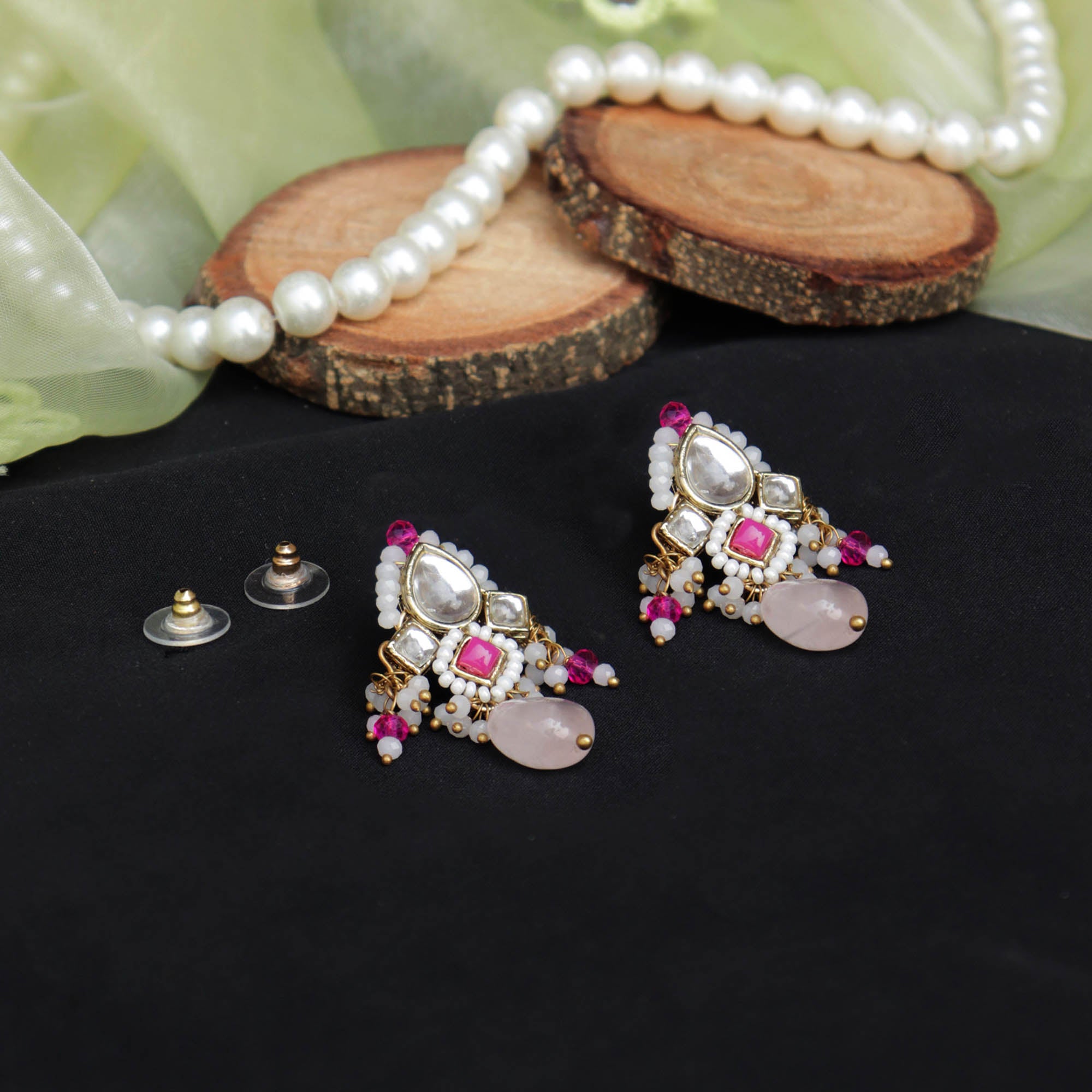 Beabhika Handmade Pink Beads Semi Precious Stone Artificial Jewelry Kundan Earrings Golden Earrings Earrings With Pearls Kundan Wedding Jewelry Trendy Earrings Daily Wear Party Wear Traditional Ethnic Dress Jewelry Earrings Bridal Jewelry Set Online Cash On Delivery