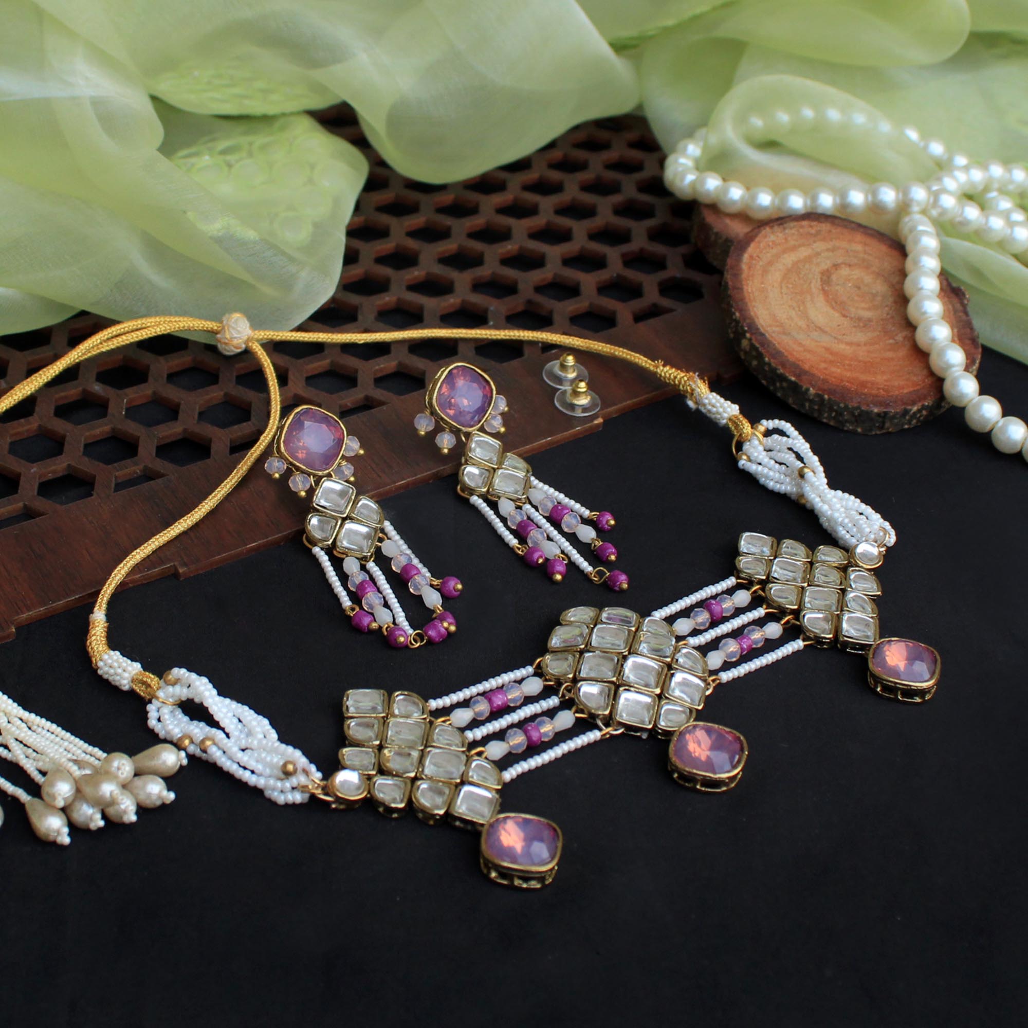 Beabhika Purple Kundan Earrings White Beads Traditional Earrings Designer Kundan Ear Studs Daily Wear Office Wear Party Wear Function Jewelry Fashion Earrings Online Cash On Delivery 
