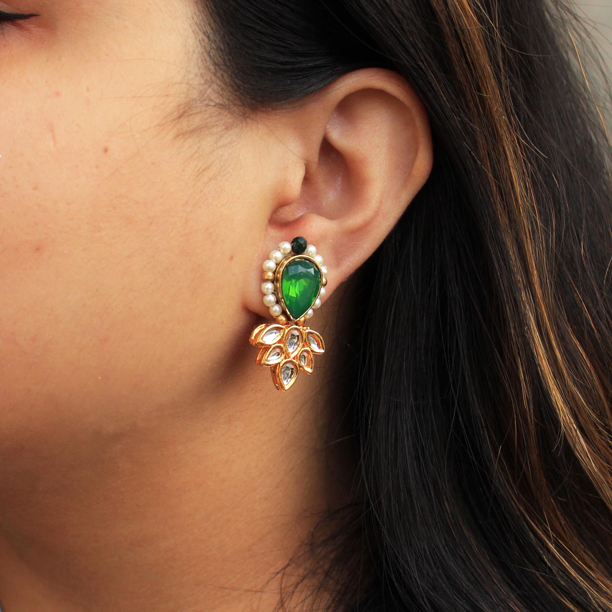 Green Kundan Ethnic Bling Stud Earrings