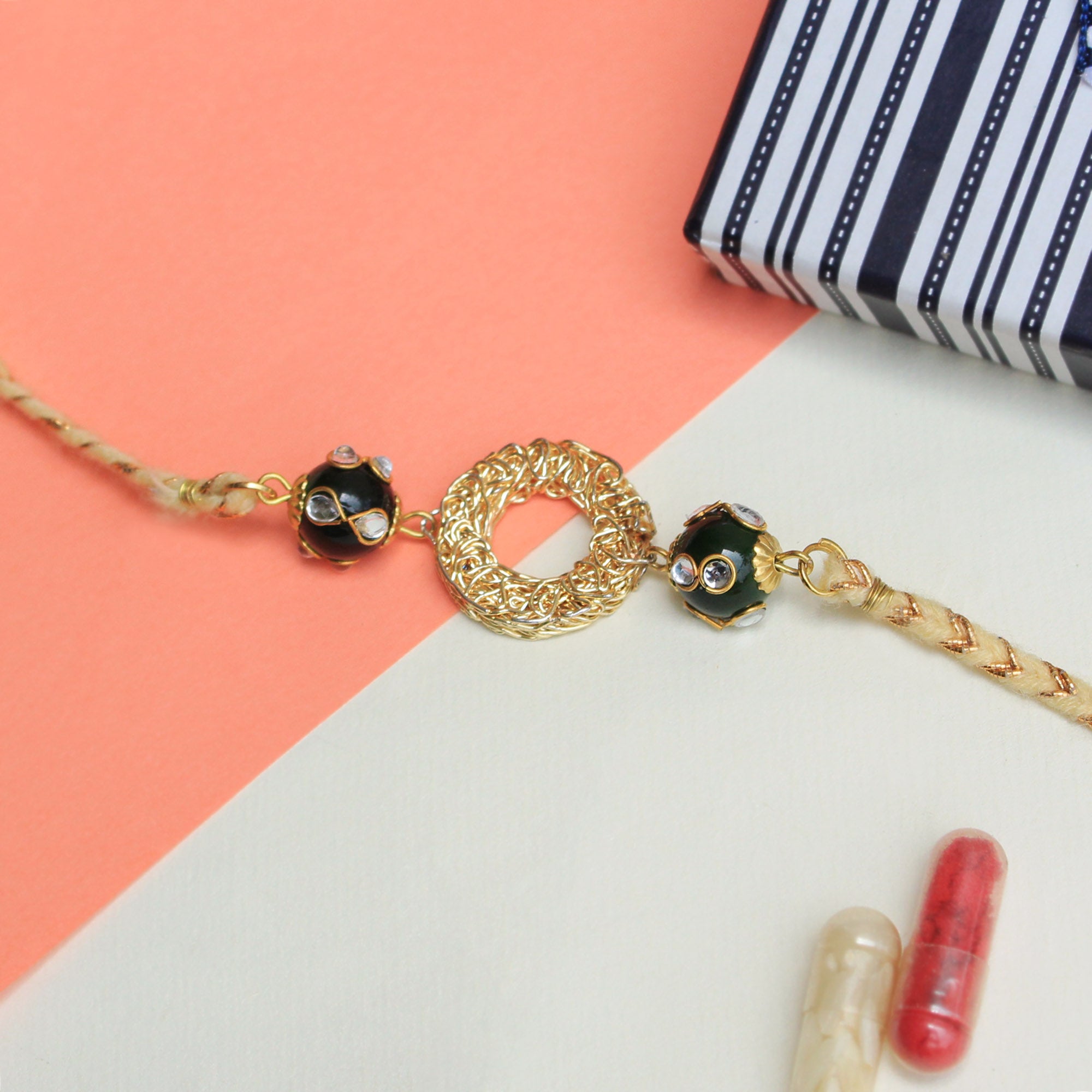 Green Bead & Round Mesh Rakhi