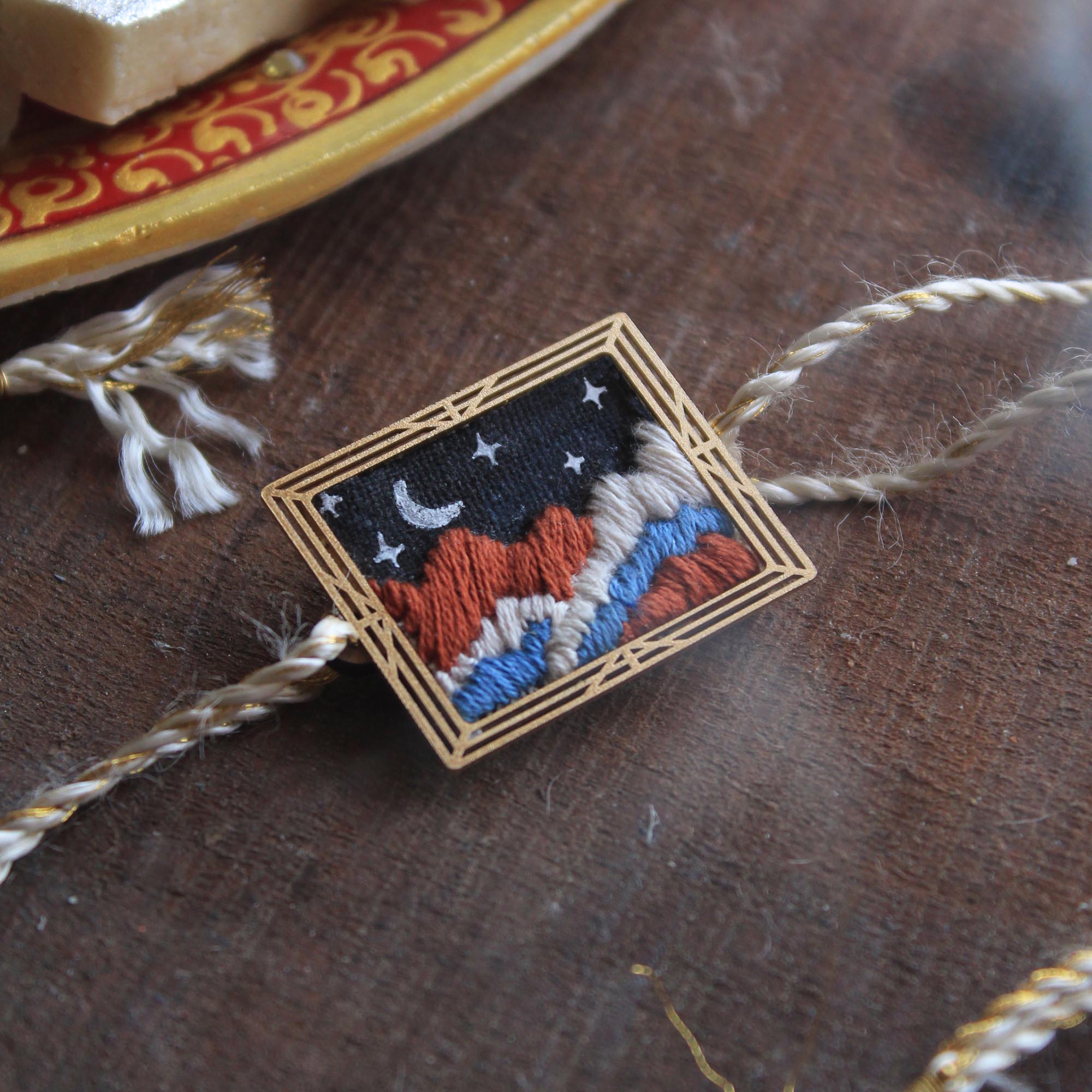 BeAbhika Hand Embroidered Star Gazing Astronaut Bro Moon Rakhi With Fridge Magnet Designer Unqiue Famous Rakhi Lightweight Easy To Tie Rakhi Available At Best Price In India Online COD Available Send Rakhi To Brother Small Brother Big Brother Younger Brother Send Rakhi Abroad With Roli Chawal Capsules