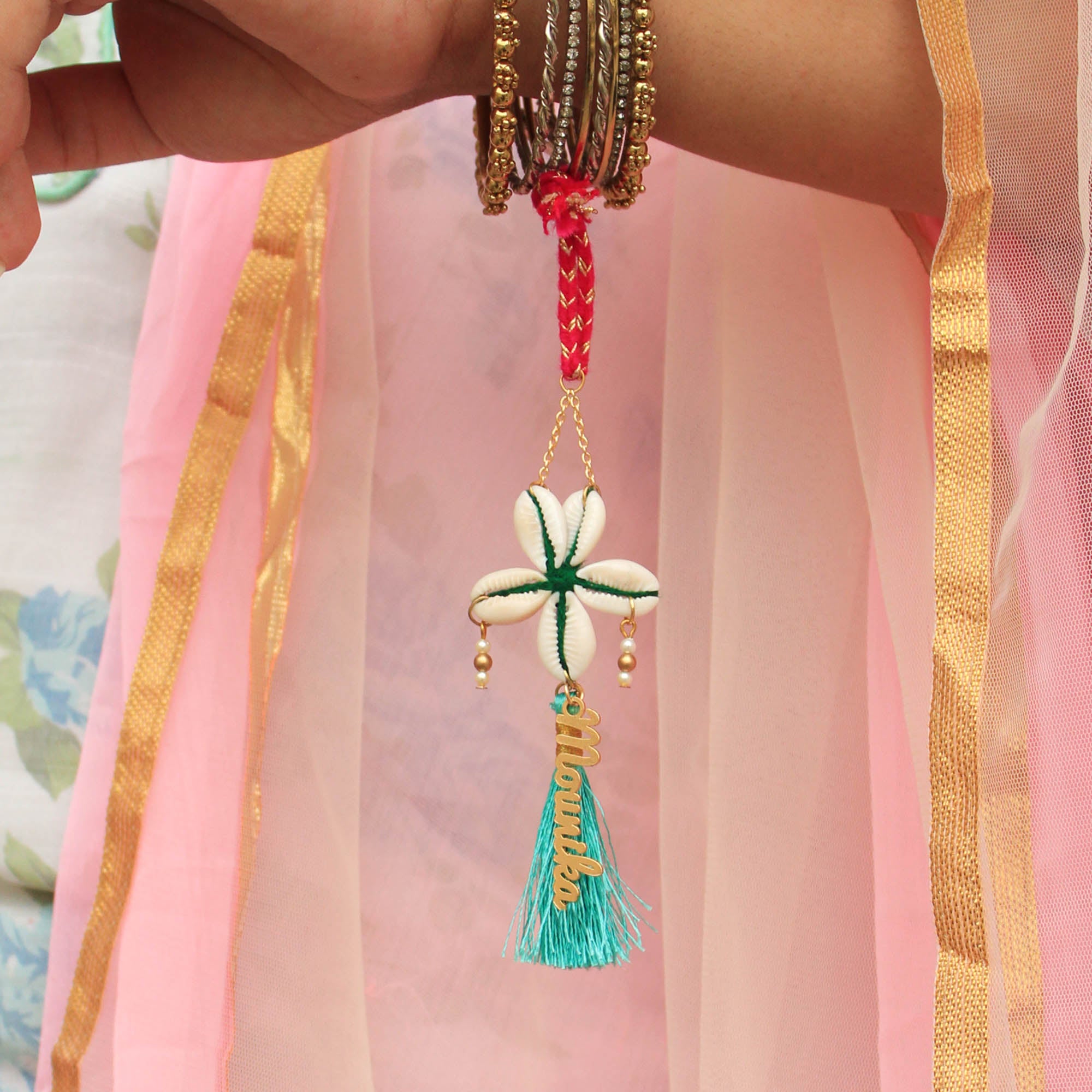 BeAbhika White Shells Blue Tassel PersonaliSend Bhabhi Name Lumba Rakhi For Sister In Law Designer Unique Bhabhi Rakhi Lumba Available In India Best Price Online Send Rakhi To Bhai Brother Hanging Lumba With Thread CustomiSend Name Bhabhi Lumba