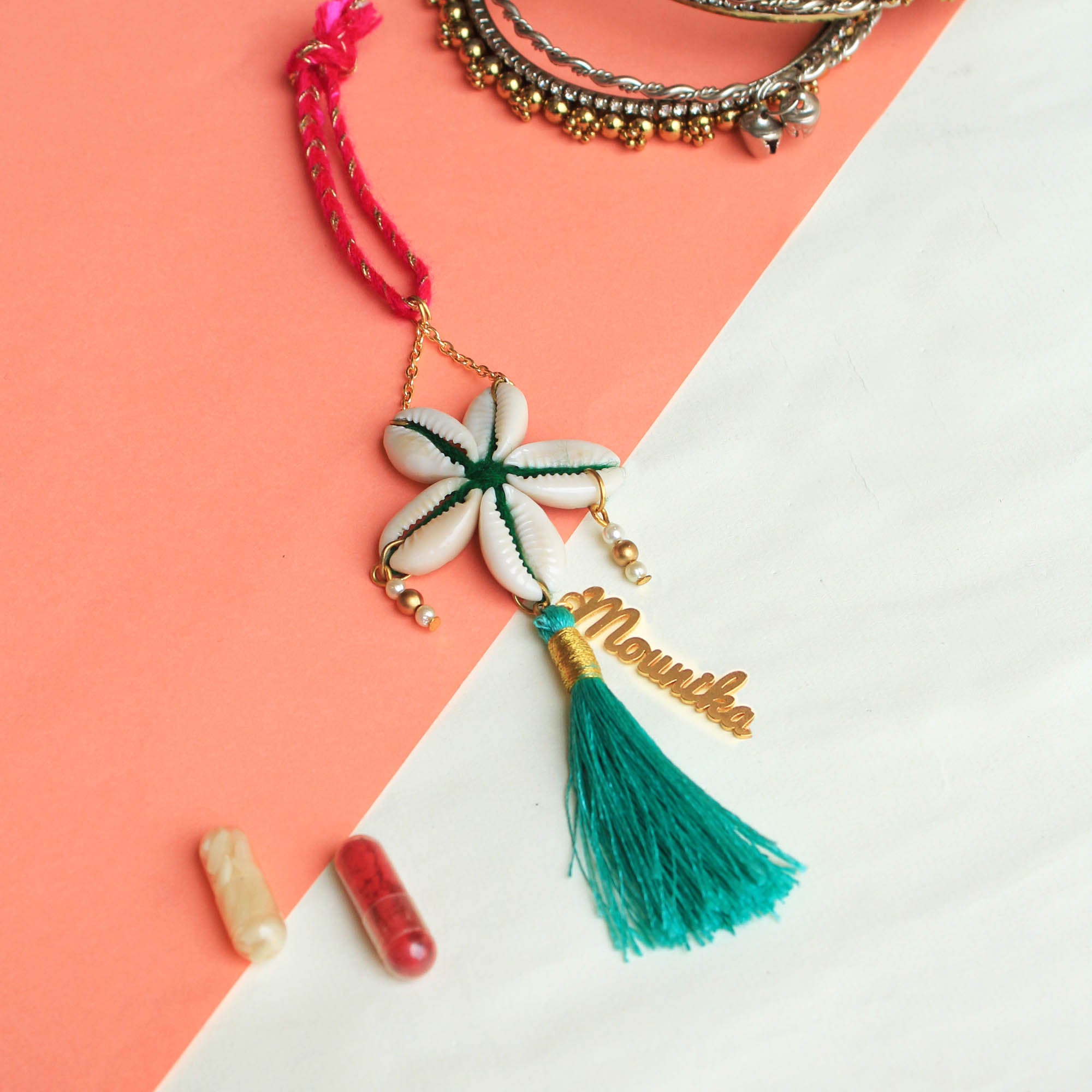 BeAbhika White Shells Blue Tassel PersonaliSend Bhabhi Name Lumba Rakhi For Sister In Law Designer Unique Bhabhi Rakhi Lumba Available In India Best Price Online Send Rakhi To Bhai Brother Hanging Lumba With Thread CustomiSend Name Bhabhi Lumba
