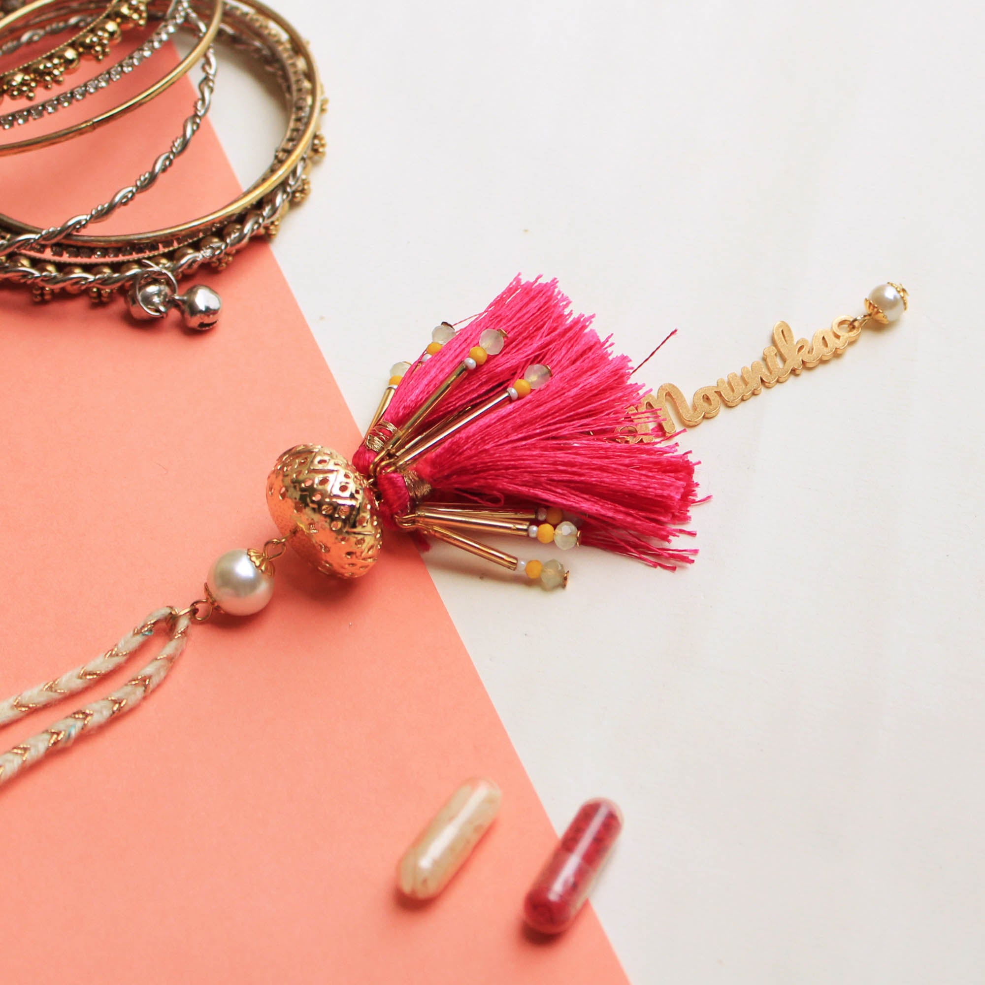 BeAbhika Gold Tone Red Tassel PersonaliSend Bhabhi Name Lumba Rakhi For Sister In Law Designer Unique Bhabhi Rakhi Lumba Available In India Best Price Online Send Rakhi To Bhai Brother Hanging Lumba With Thread CustomiSend Name Bhabhi Lumba