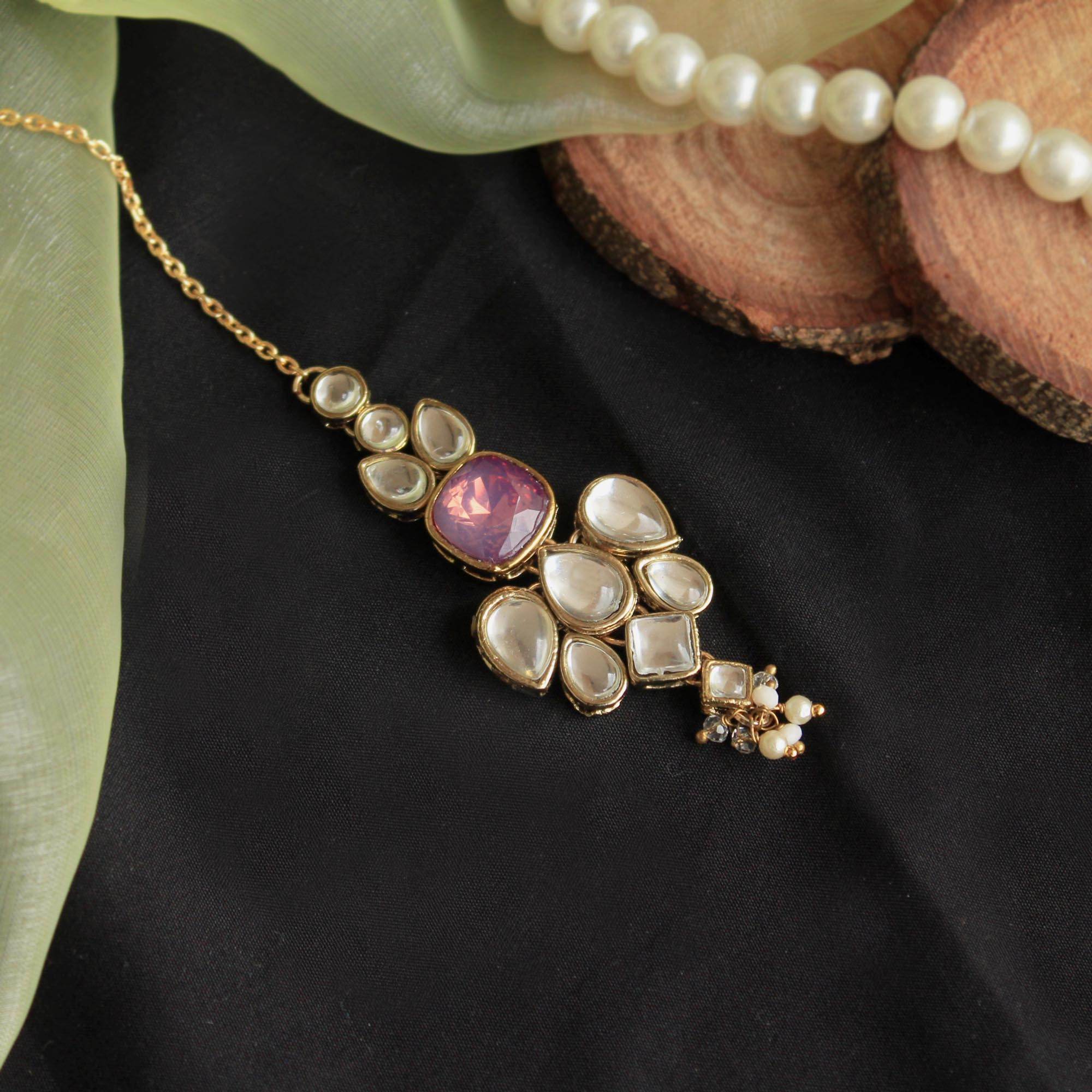 white glass kundan mangtika Beabhika Handmade Purple Artificial Jewelry Kundan Maangtikka Golden Maang Tikka With Pearls Kundan Wedding Jewelry Trendy Earrings Daily Wear Party Wear Traditional Ethnic Dress Jewelry Head Accessory Bridal Jewelry Set Online Cash On Delivery