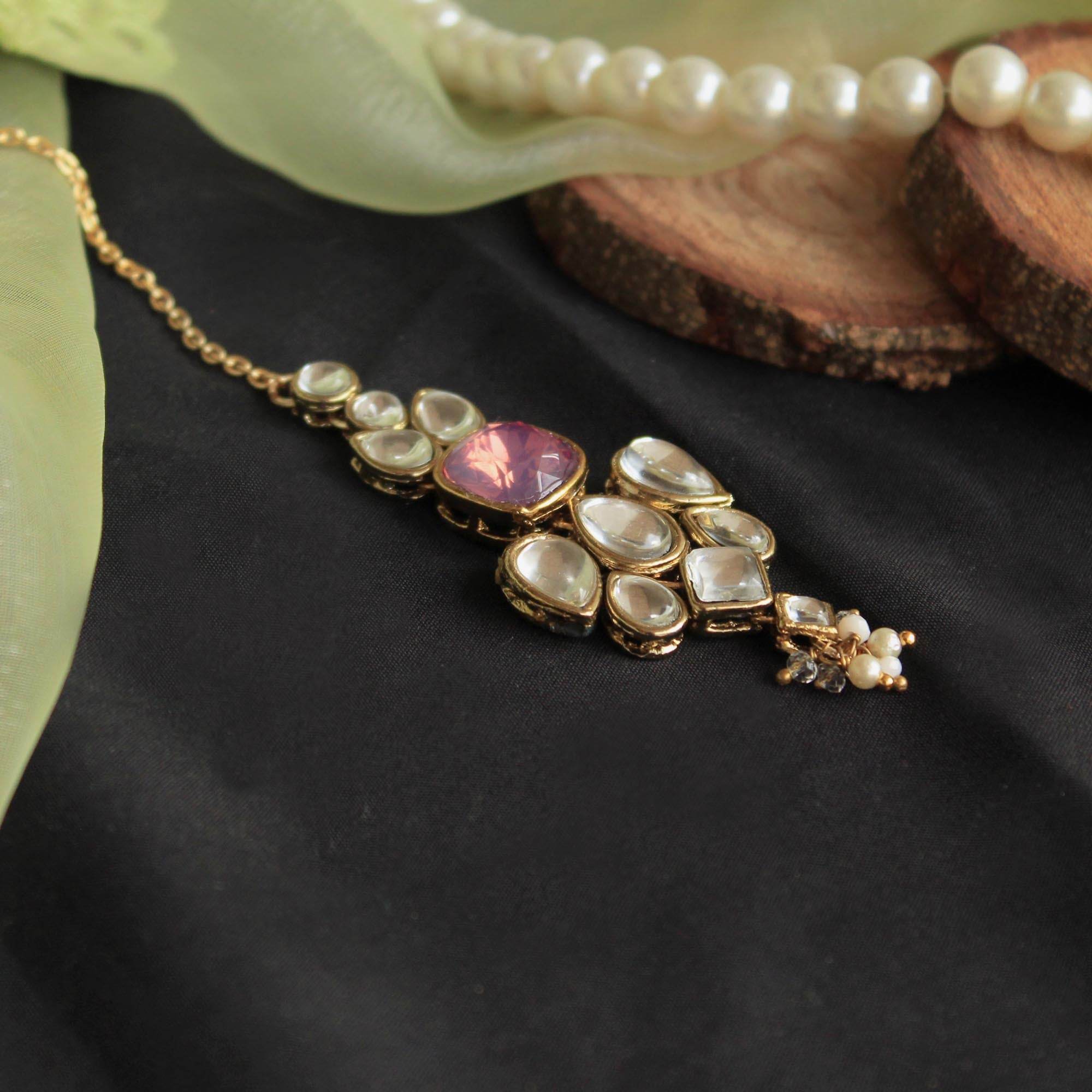 white glass kundan mangtika Beabhika Handmade Purple Artificial Jewelry Kundan Maangtikka Golden Maang Tikka With Pearls Kundan Wedding Jewelry Trendy Earrings Daily Wear Party Wear Traditional Ethnic Dress Jewelry Head Accessory Bridal Jewelry Set Online Cash On Delivery